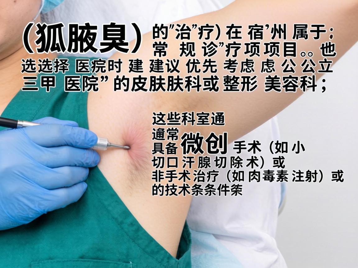 狐臭(腋臭)的治疗在宿州属于常规诊疗项目,选择医院时建议优先考虑公立三甲医院的皮肤科或整形美容科,这些科室通常具备微创手术(如小切口汗腺切除术)或非手术治疗(如肉毒素注射)的技术条件 狐臭(腋臭)的治疗在宿州属于常规诊疗项目,选择医院时建议优先考虑公立三甲医院的皮肤科或整形美容科,这些科室通常具备微创手术(如小切口汗腺切除术)或非手术治疗(如肉毒素注射)的技术条件