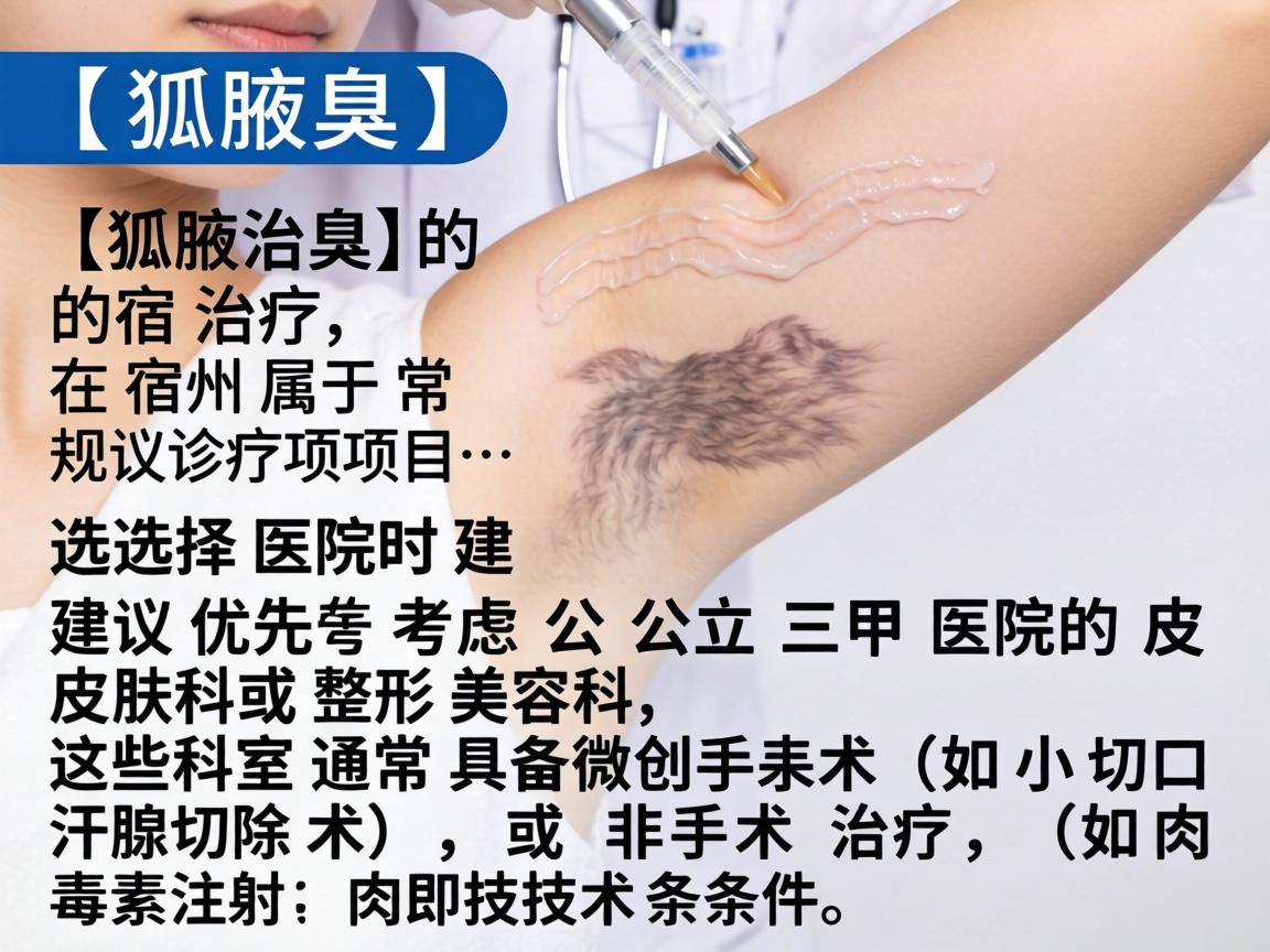 狐臭(腋臭)的治疗在宿州属于常规诊疗项目,选择医院时建议优先考虑公立三甲医院的皮肤科或整形美容科,这些科室通常具备微创手术(如小切口汗腺切除术)或非手术治疗(如肉毒素注射)的技术条件 狐臭(腋臭)的治疗在宿州属于常规诊疗项目,选择医院时建议优先考虑公立三甲医院的皮肤科或整形美容科,这些科室通常具备微创手术(如小切口汗腺切除术)或非手术治疗(如肉毒素注射)的技术条件