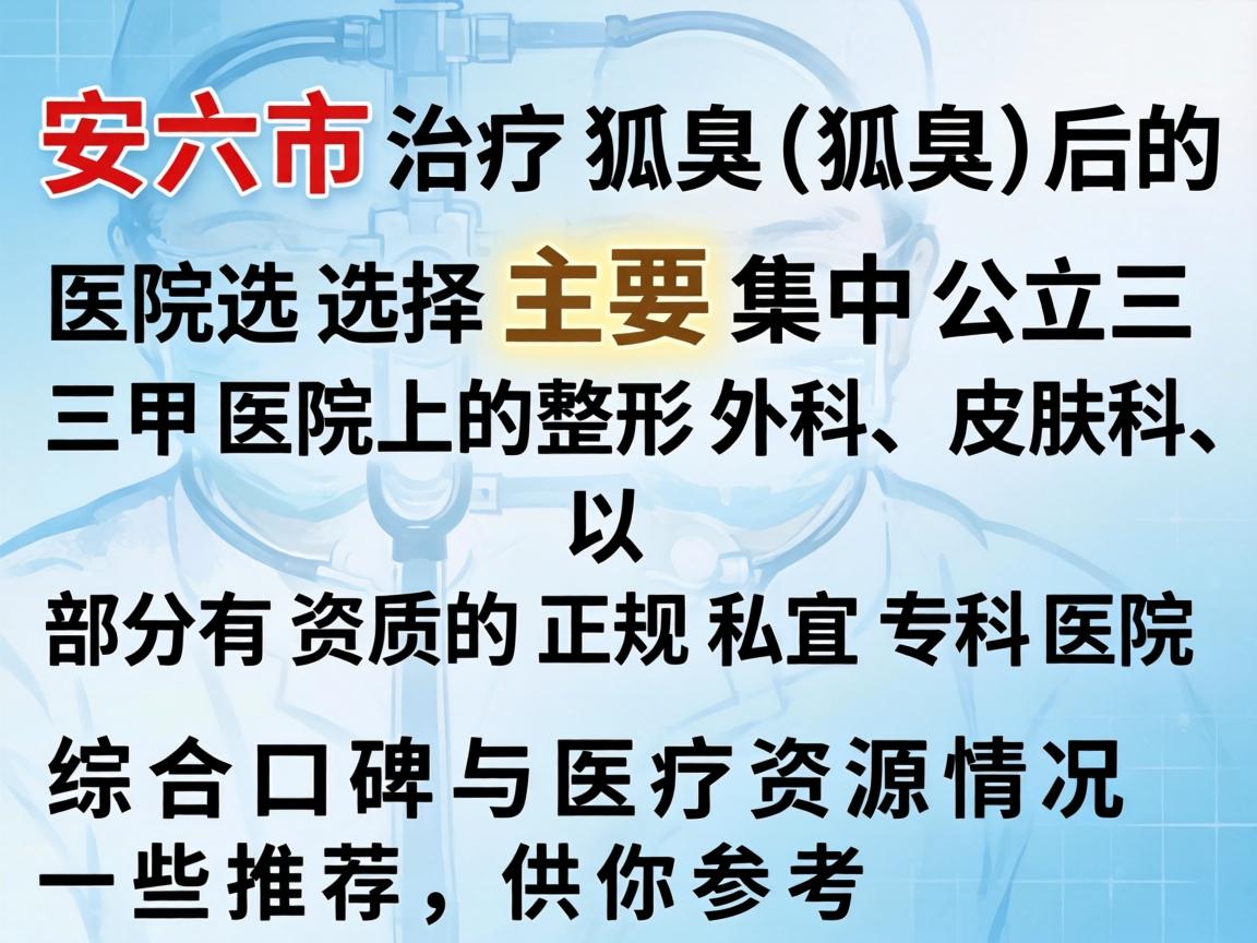 在六安市,治疗狐臭(腋臭)的医院选择主要集中在公立三甲医院的整形外科、皮肤科,以及部分有资质的正规私立专科医院。以下是综合口碑与医疗资源情况的一些推荐,供你参考 在六安市,治疗狐臭(腋臭)的医院选择主要集中在公立三甲医院的整形外科、皮肤科,以及部分有资质的正规私立专科医院。以下是综合口碑与医疗资源情况的一些推荐,供你参考