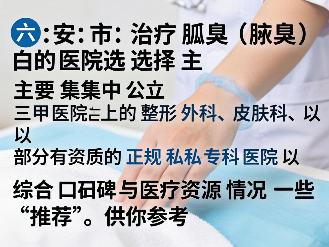 在六安市,治疗狐臭(腋臭)的医院选择主要集中在公立三甲医院的整形外科、皮肤科,以及部分有资质的正规私立专科医院。以下是综合口碑与医疗资源情况的一些推荐,供你参考 在六安市,治疗狐臭(腋臭)的医院选择主要集中在公立三甲医院的整形外科、皮肤科,以及部分有资质的正规私立专科医院。以下是综合口碑与医疗资源情况的一些推荐,供你参考