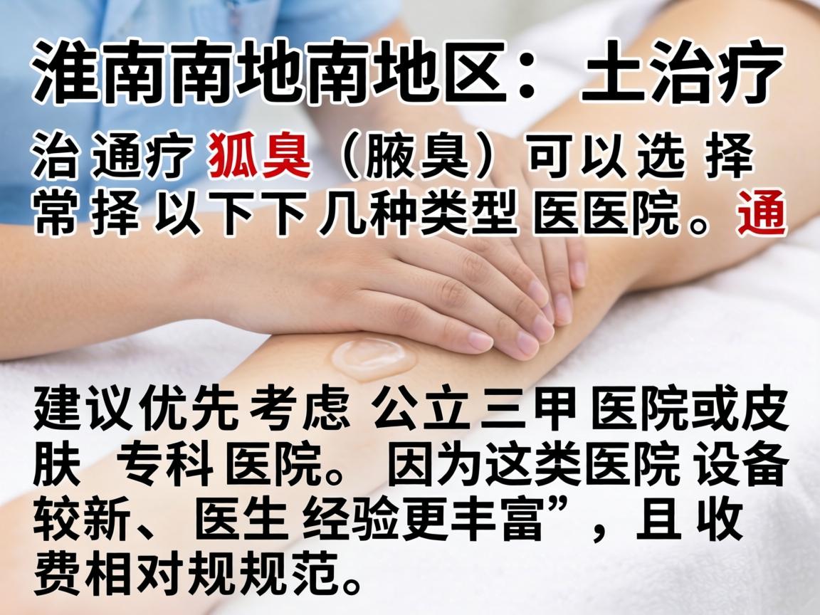 在淮南地区,治疗狐臭(腋臭)可以选择以下几种类型的医院,通常建议优先考虑公立三甲医院或皮肤专科医院,因为这类医院设备较新、医生经验更丰富,且收费相对规范 在淮南地区,治疗狐臭(腋臭)可以选择以下几种类型的医院,通常建议优先考虑公立三甲医院或皮肤专科医院,因为这类医院设备较新、医生经验更丰富,且收费相对规范