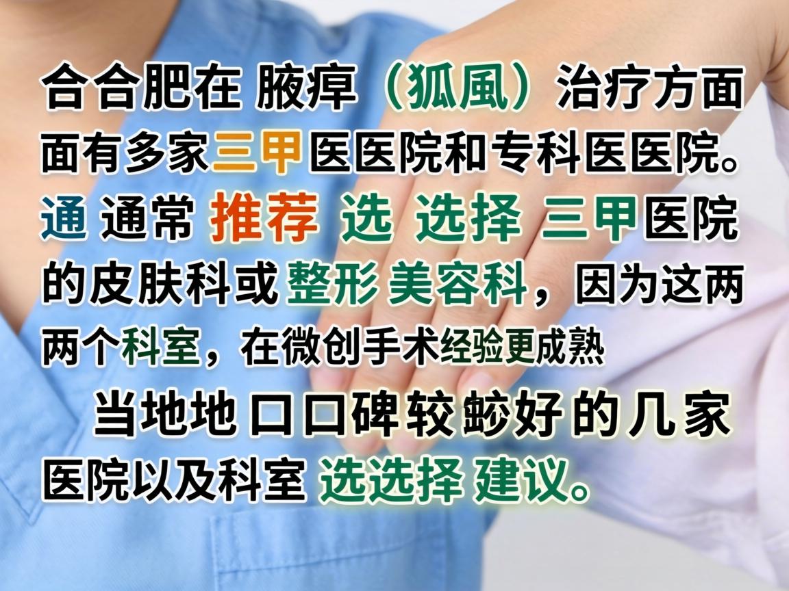 合肥在腋臭（狐臭）治疗方面有多家三甲医院和专科医院，通常推荐选择三甲医院的皮肤科或整形美容科，因为这两个科室在微创手术方面经验更成熟。以下是当地口碑较好的几家医院及科室选择建议