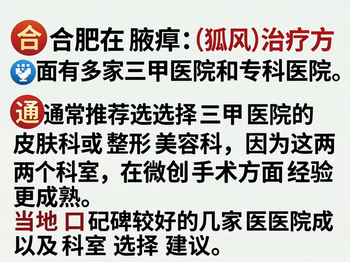 合肥在腋臭（狐臭）治疗方面有多家三甲医院和专科医院，通常推荐选择三甲医院的皮肤科或整形美容科，因为这两个科室在微创手术方面经验更成熟。以下是当地口碑较好的几家医院及科室选择建议