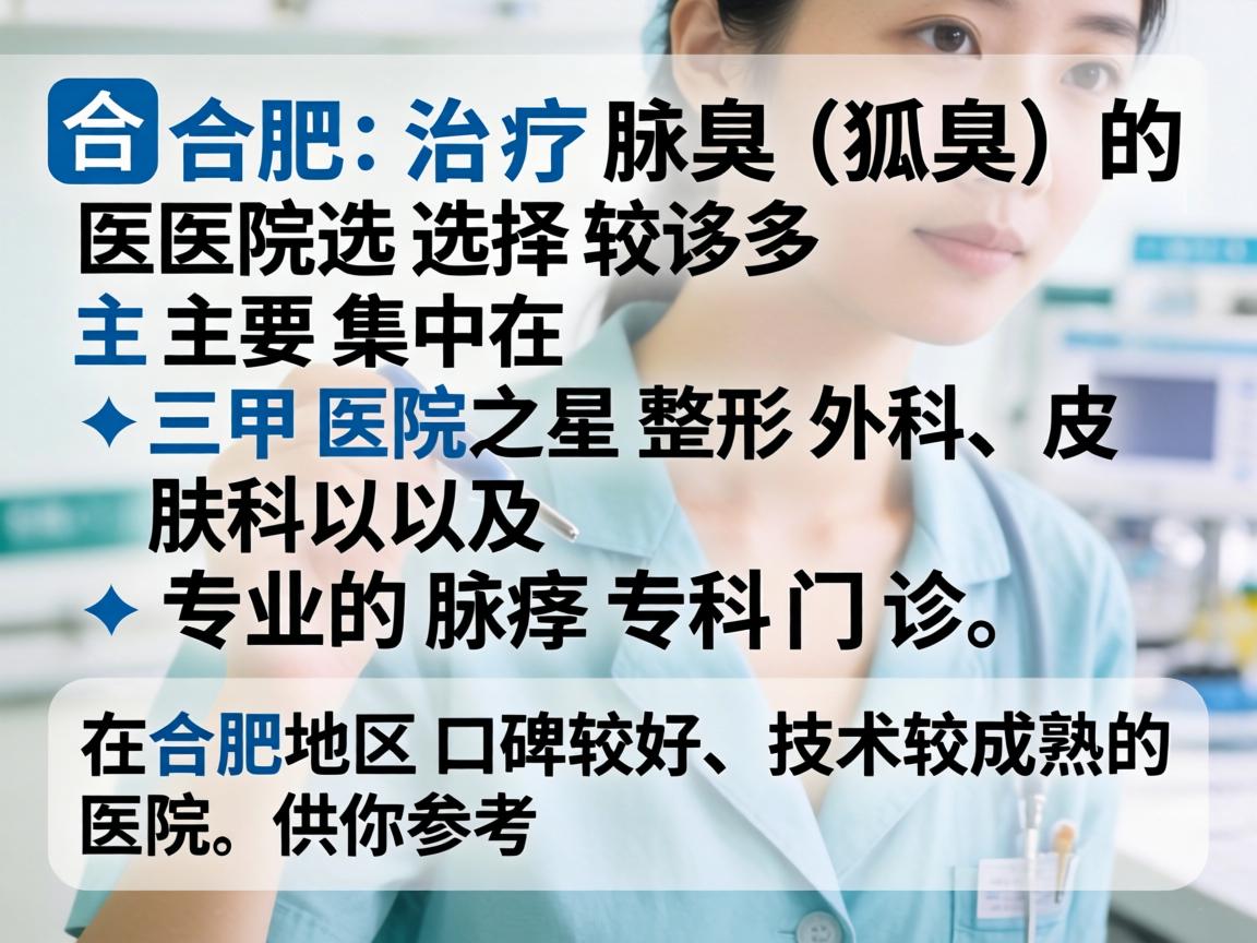 在合肥，治疗腋臭（狐臭）的医院选择较多，主要集中在三甲医院的整形外科、皮肤科以及专业的腋臭专科门诊。以下是几家在合肥地区口碑较好、技术较成熟的医院，供你参考
