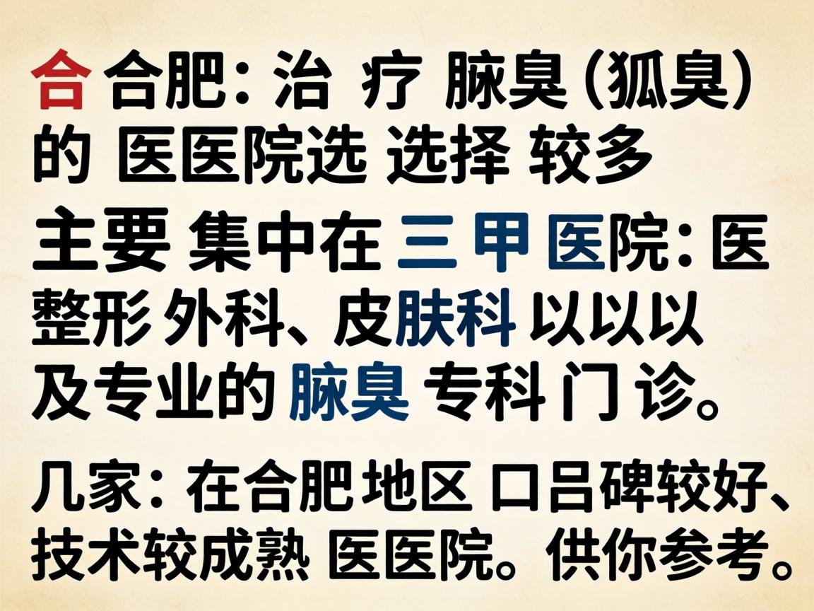 在合肥，治疗腋臭（狐臭）的医院选择较多，主要集中在三甲医院的整形外科、皮肤科以及专业的腋臭专科门诊。以下是几家在合肥地区口碑较好、技术较成熟的医院，供你参考