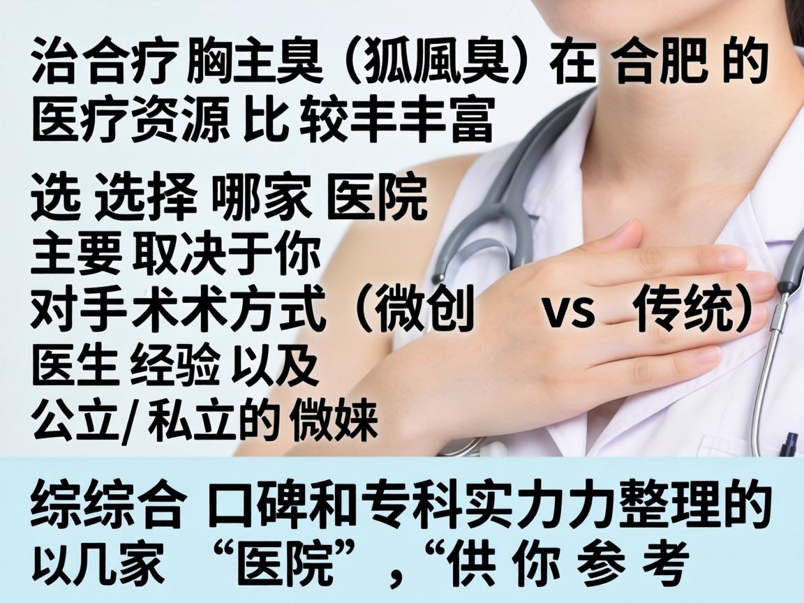 治疗腋臭(狐臭)在合肥的医疗资源比较丰富,选择哪家医院主要取决于你对手术方式(微创 vs 传统)医生经验以及公立/私立的偏好。以下是综合口碑和专科实力整理的几家医院,供你参考 治疗腋臭(狐臭)在合肥的医疗资源比较丰富,选择哪家医院主要取决于你对手术方式(微创 vs 传统)医生经验以及公立/私立的偏好。以下是综合口碑和专科实力整理的几家医院,供你参考