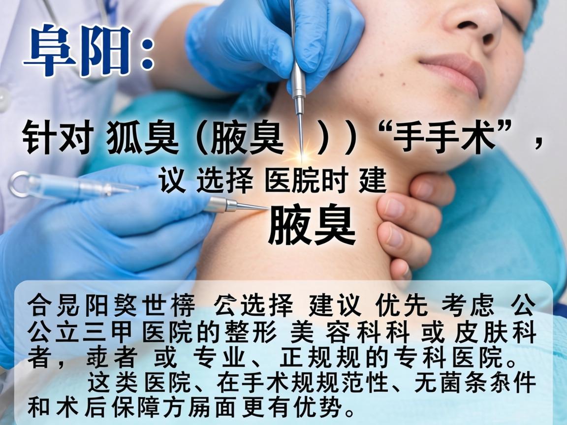 在阜阳,针对狐臭(腋臭)手术,选择医院时建议优先考虑公立三甲医院的整形美容科或皮肤科,或者专业、正规的专科医院。这类医院在手术规范性、无菌条件和术后保障方面更有优势 在阜阳,针对狐臭(腋臭)手术,选择医院时建议优先考虑公立三甲医院的整形美容科或皮肤科,或者专业、正规的专科医院。这类医院在手术规范性、无菌条件和术后保障方面更有优势