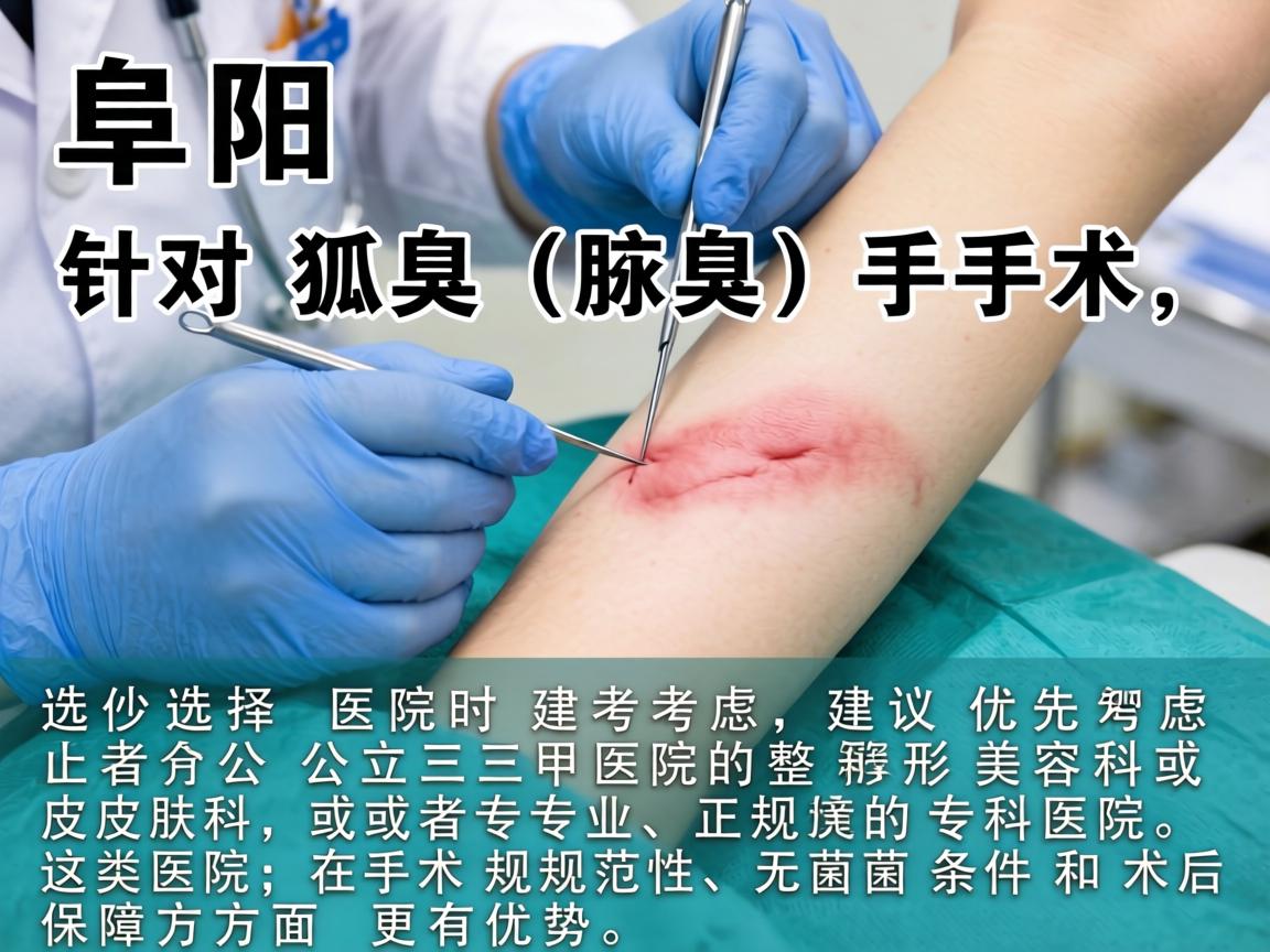 在阜阳,针对狐臭(腋臭)手术,选择医院时建议优先考虑公立三甲医院的整形美容科或皮肤科,或者专业、正规的专科医院。这类医院在手术规范性、无菌条件和术后保障方面更有优势 在阜阳,针对狐臭(腋臭)手术,选择医院时建议优先考虑公立三甲医院的整形美容科或皮肤科,或者专业、正规的专科医院。这类医院在手术规范性、无菌条件和术后保障方面更有优势