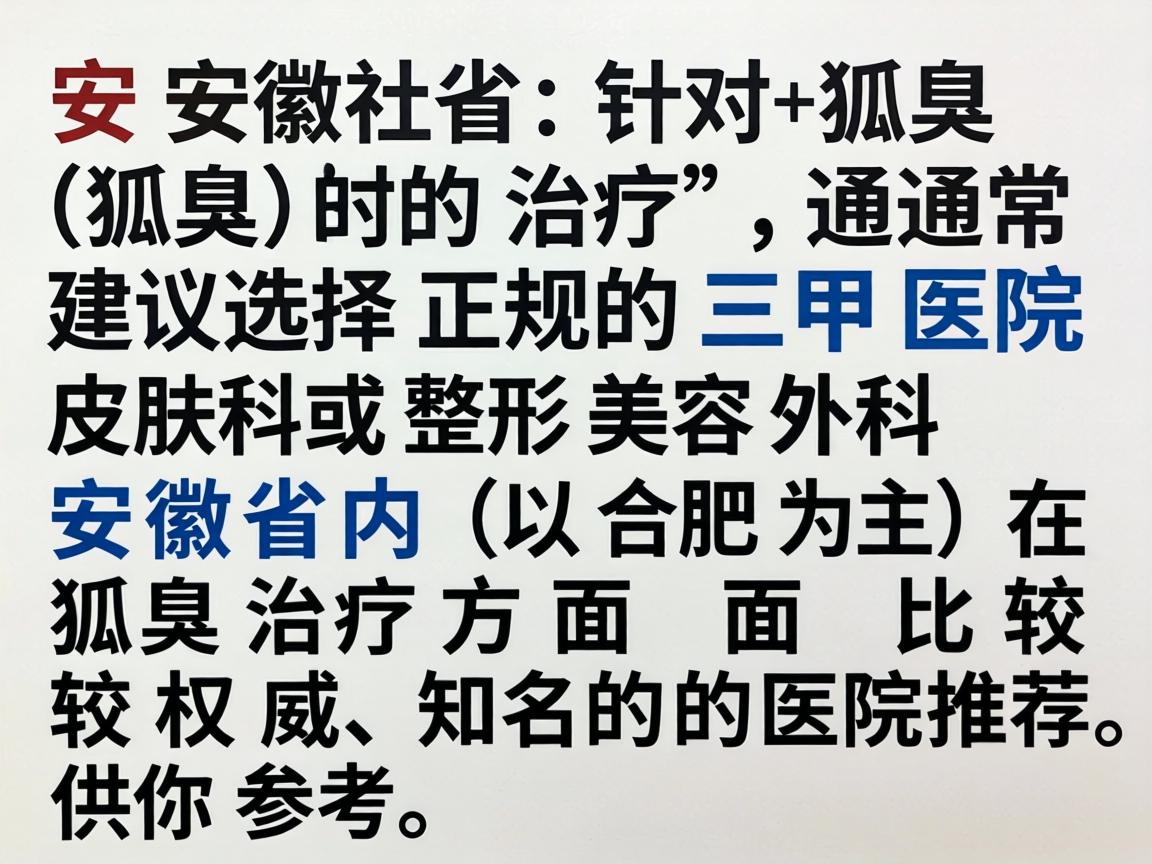 在安徽省,针对狐臭(腋臭)的治疗,通常建议选择正规的三甲医院皮肤科或整形美容外科。以下是安徽省内(以合肥为主)在狐臭治疗方面比较权威和知名的医院推荐,供你参考 在安徽省,针对狐臭(腋臭)的治疗,通常建议选择正规的三甲医院皮肤科或整形美容外科。以下是安徽省内(以合肥为主)在狐臭治疗方面比较权威和知名的医院推荐,供你参考