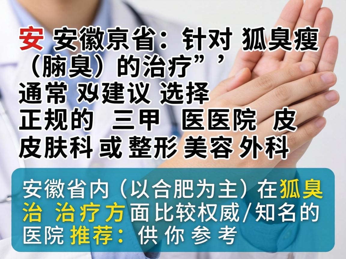 在安徽省,针对狐臭(腋臭)的治疗,通常建议选择正规的三甲医院皮肤科或整形美容外科。以下是安徽省内(以合肥为主)在狐臭治疗方面比较权威和知名的医院推荐,供你参考 在安徽省,针对狐臭(腋臭)的治疗,通常建议选择正规的三甲医院皮肤科或整形美容外科。以下是安徽省内(以合肥为主)在狐臭治疗方面比较权威和知名的医院推荐,供你参考