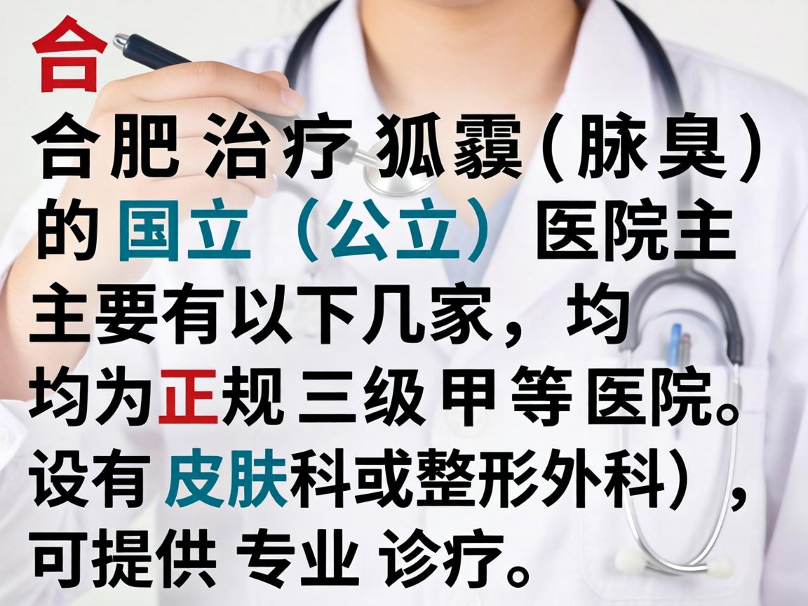 合肥治疗狐臭(腋臭)的国立(公立)医院主要有以下几家,均为正规三级甲等医院,设有皮肤科或整形外科,可提供专业诊疗 合肥治疗狐臭(腋臭)的国立(公立)医院主要有以下几家,均为正规三级甲等医院,设有皮肤科或整形外科,可提供专业诊疗