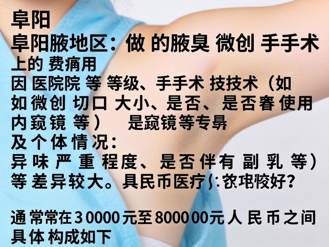 阜阳地区做腋臭微创手术的费用因医院等级、手术技术（如微创切口大小、是否使用内窥镜等）及个体情况（如异味严重程度、是否伴有副乳等）差异较大，通常在3000元至8000元人民币之间。具体构成如下