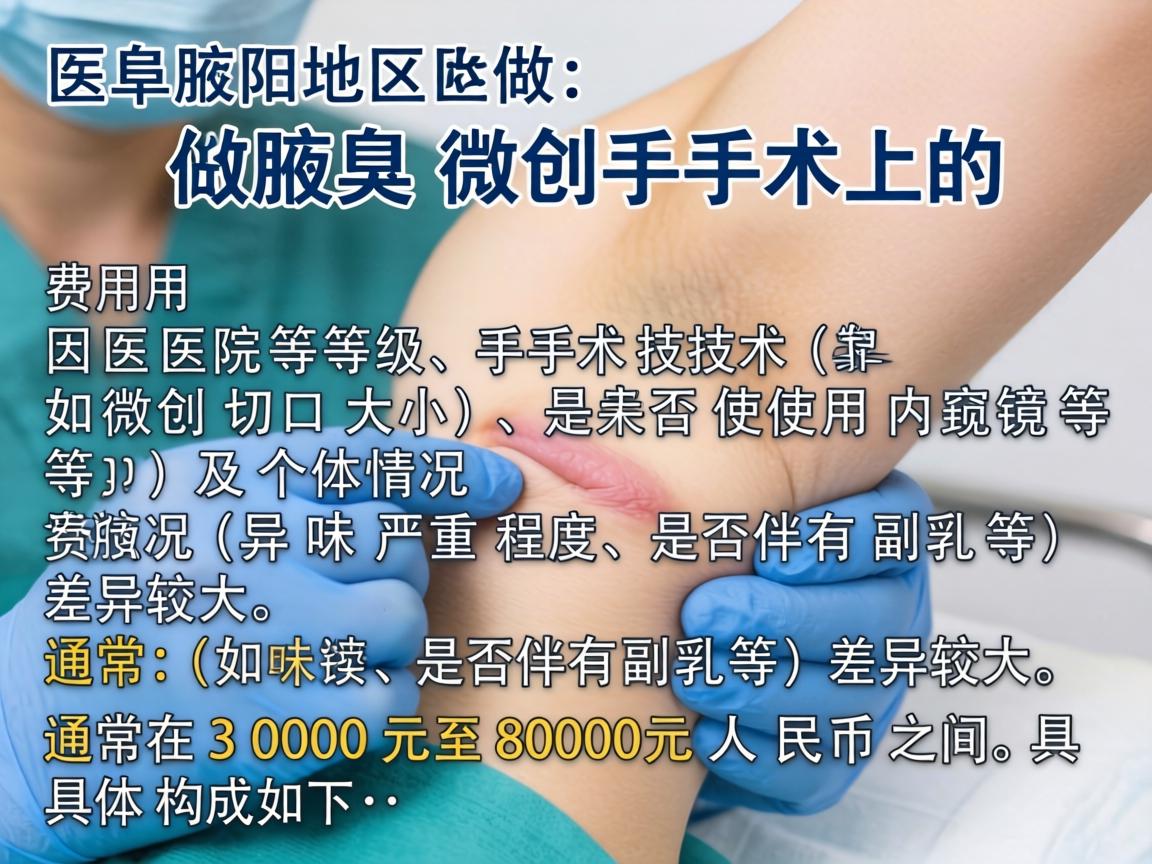 阜阳地区做腋臭微创手术的费用因医院等级、手术技术（如微创切口大小、是否使用内窥镜等）及个体情况（如异味严重程度、是否伴有副乳等）差异较大，通常在3000元至8000元人民币之间。具体构成如下