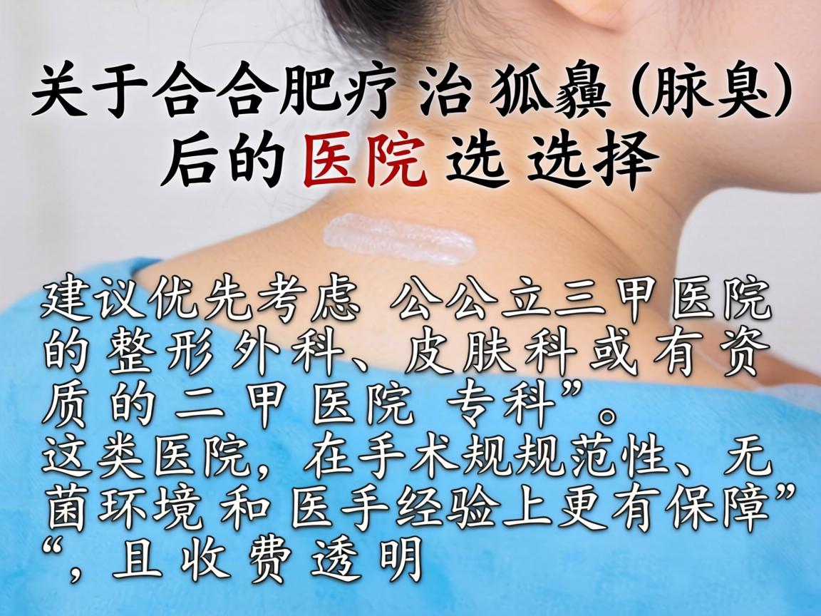 关于合肥治疗狐臭(腋臭)的医院选择,建议优先考虑公立三甲医院的整形外科、皮肤科或有资质的二甲医院专科。这类医院在手术规范性、无菌环境和医生经验上更有保障,且收费透明 关于合肥治疗狐臭(腋臭)的医院选择,建议优先考虑公立三甲医院的整形外科、皮肤科或有资质的二甲医院专科。这类医院在手术规范性、无菌环境和医生经验上更有保障,且收费透明
