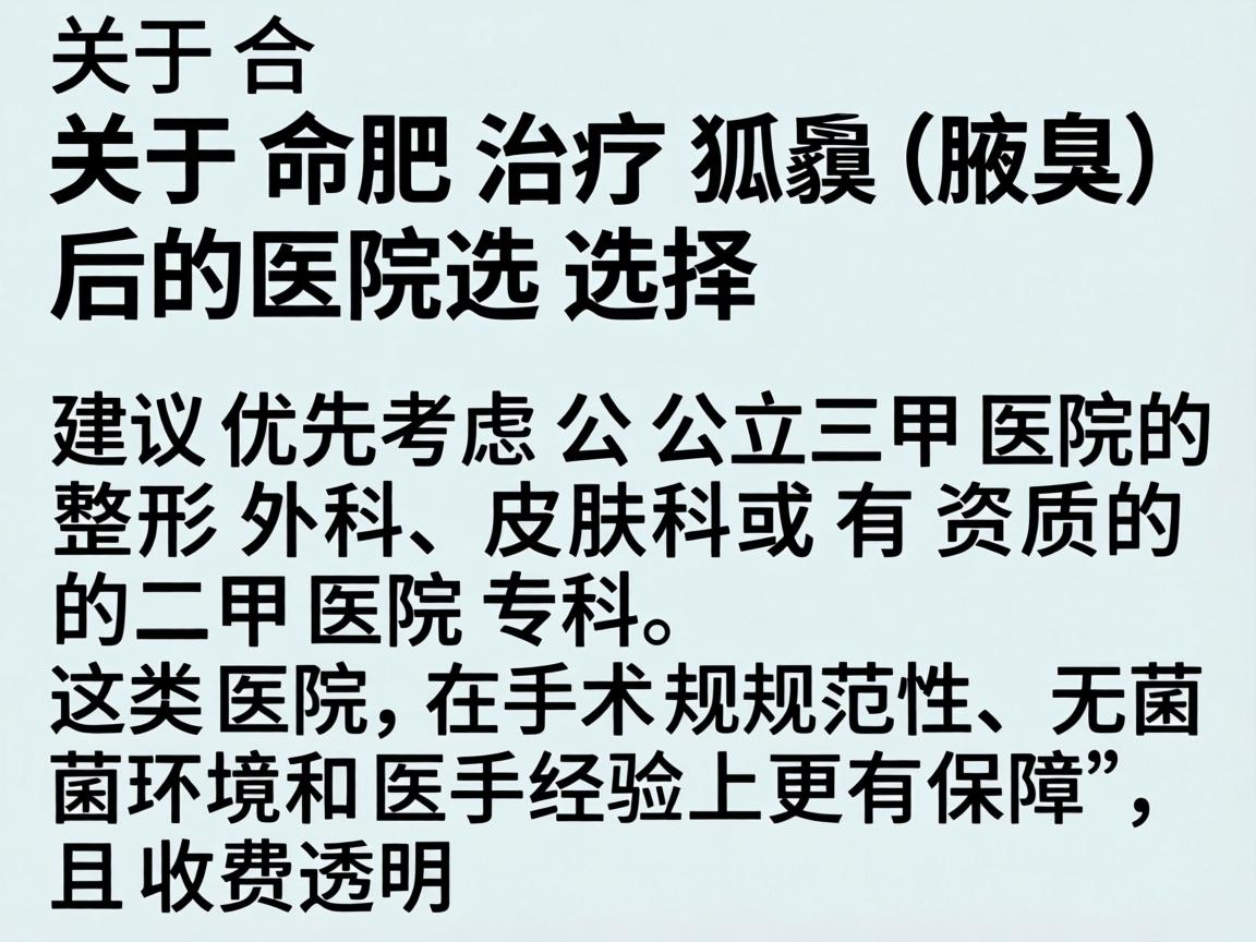 关于合肥治疗狐臭(腋臭)的医院选择,建议优先考虑公立三甲医院的整形外科、皮肤科或有资质的二甲医院专科。这类医院在手术规范性、无菌环境和医生经验上更有保障,且收费透明 关于合肥治疗狐臭(腋臭)的医院选择,建议优先考虑公立三甲医院的整形外科、皮肤科或有资质的二甲医院专科。这类医院在手术规范性、无菌环境和医生经验上更有保障,且收费透明