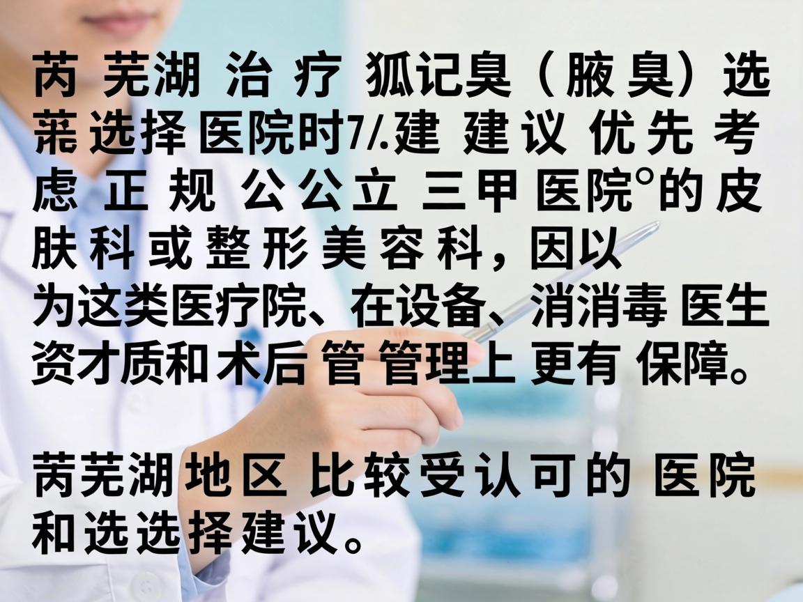 在芜湖治疗狐臭（腋臭）选择医院时建议优先考虑正规公立三甲医院的皮肤科或整形美容科，因为这类医院在设备、消毒、医生资质和术后管理上更有保障。以下是芜湖地区比较受认可的医院和选择建议