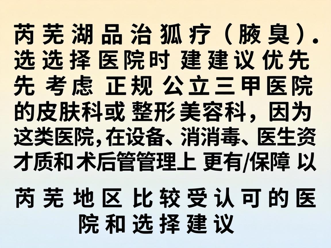 在芜湖治疗狐臭（腋臭）选择医院时建议优先考虑正规公立三甲医院的皮肤科或整形美容科，因为这类医院在设备、消毒、医生资质和术后管理上更有保障。以下是芜湖地区比较受认可的医院和选择建议