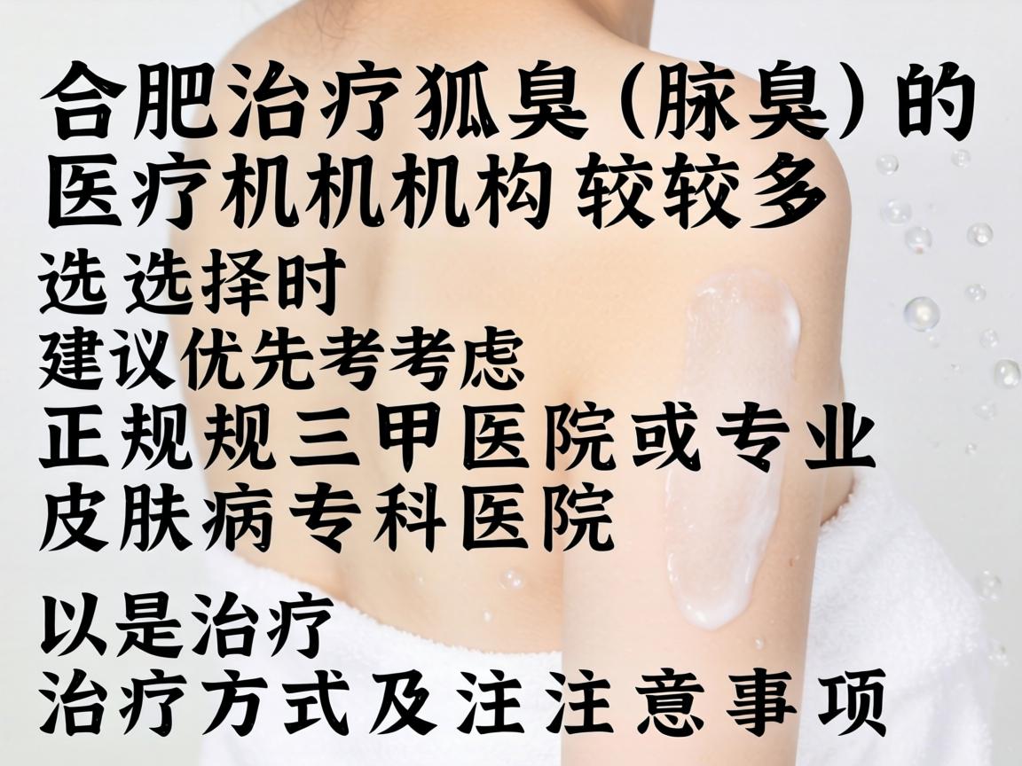 合肥治疗狐臭(腋臭)的医疗机构较多,选择时建议优先考虑正规三甲医院或专业皮肤病专科医院。以下是治疗方式及注意事项 合肥治疗狐臭(腋臭)的医疗机构较多,选择时建议优先考虑正规三甲医院或专业皮肤病专科医院。以下是治疗方式及注意事项