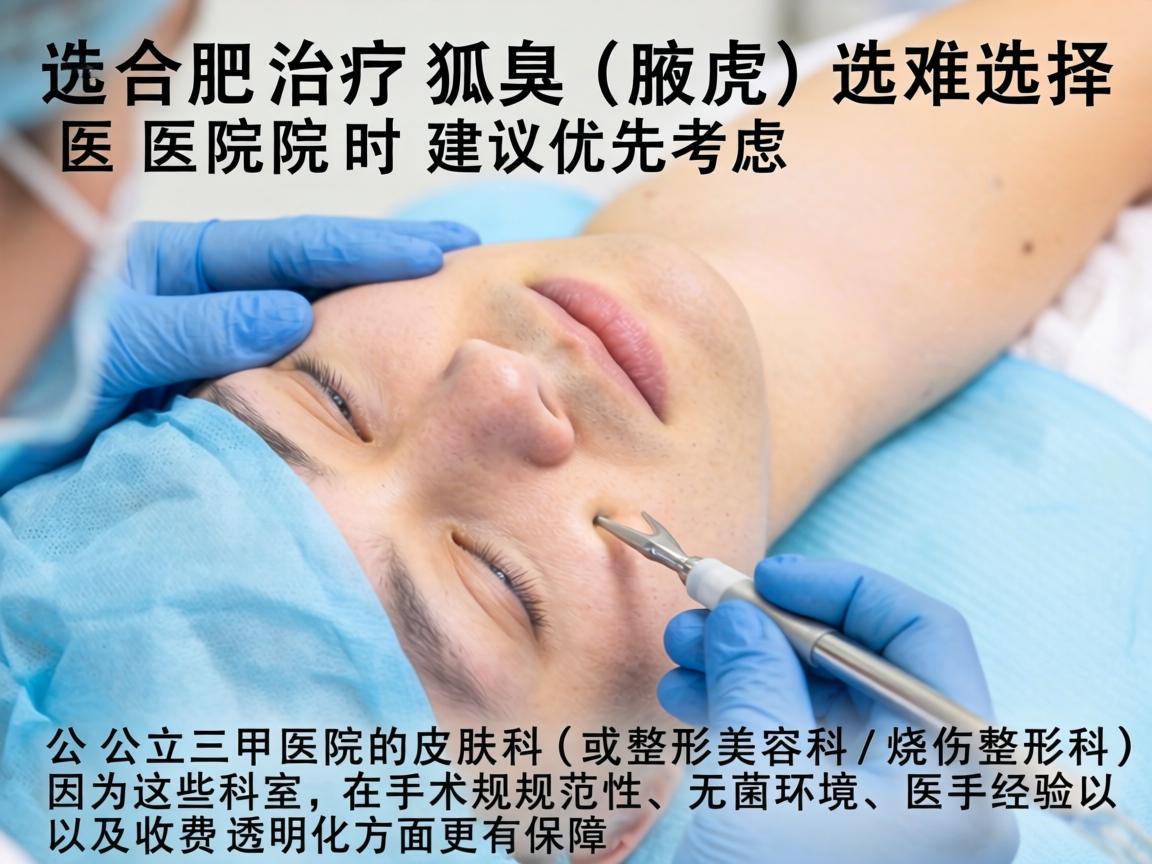 在合肥治疗狐臭(腋臭)选择医院时建议优先考虑公立三甲医院的皮肤科(或整形美容科/烧伤整形科)因为这些科室在手术规范性、无菌环境、医生经验以及收费透明化方面更有保障 在合肥治疗狐臭(腋臭)选择医院时建议优先考虑公立三甲医院的皮肤科(或整形美容科/烧伤整形科)因为这些科室在手术规范性、无菌环境、医生经验以及收费透明化方面更有保障