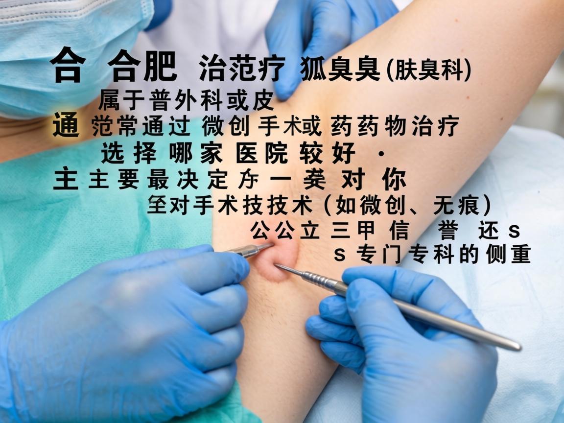 在合肥,治疗狐臭(腋臭)属于普外科或皮肤科范畴,通常通过微创手术或药物治疗。选择哪家医院较好,主要取决于你对手术技术(如微创、无痕)公立三甲信誉还是专门专科的侧重 在合肥,治疗狐臭(腋臭)属于普外科或皮肤科范畴,通常通过微创手术或药物治疗。选择哪家医院较好,主要取决于你对手术技术(如微创、无痕)公立三甲信誉还是专门专科的侧重