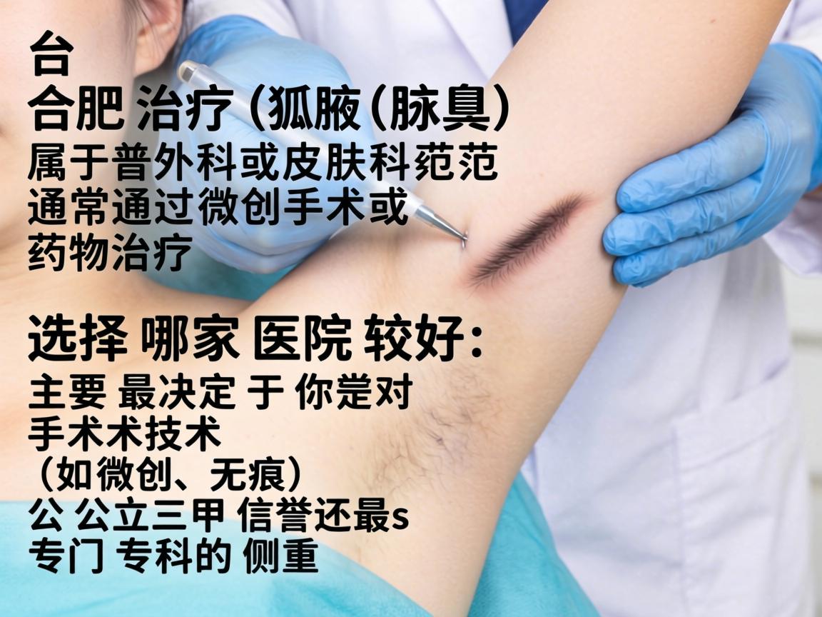 在合肥,治疗狐臭(腋臭)属于普外科或皮肤科范畴,通常通过微创手术或药物治疗。选择哪家医院较好,主要取决于你对手术技术(如微创、无痕)公立三甲信誉还是专门专科的侧重 在合肥,治疗狐臭(腋臭)属于普外科或皮肤科范畴,通常通过微创手术或药物治疗。选择哪家医院较好,主要取决于你对手术技术(如微创、无痕)公立三甲信誉还是专门专科的侧重