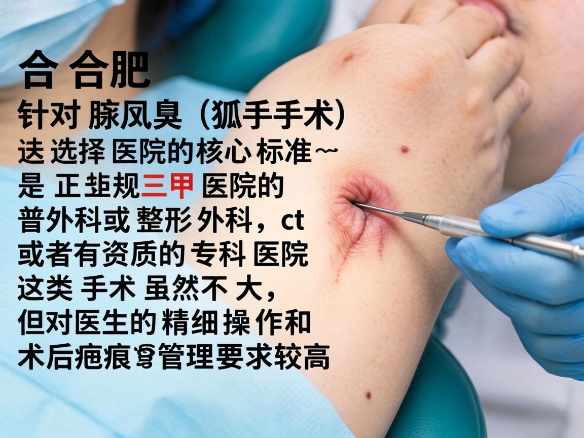 在合肥，针对腋臭（狐臭）手术，选择医院的核心标准是，正规三甲医院的普外科或整形外科，或者有资质的专科医院。这类手术虽然不大，但对医生的精细操作和术后疤痕管理要求较高