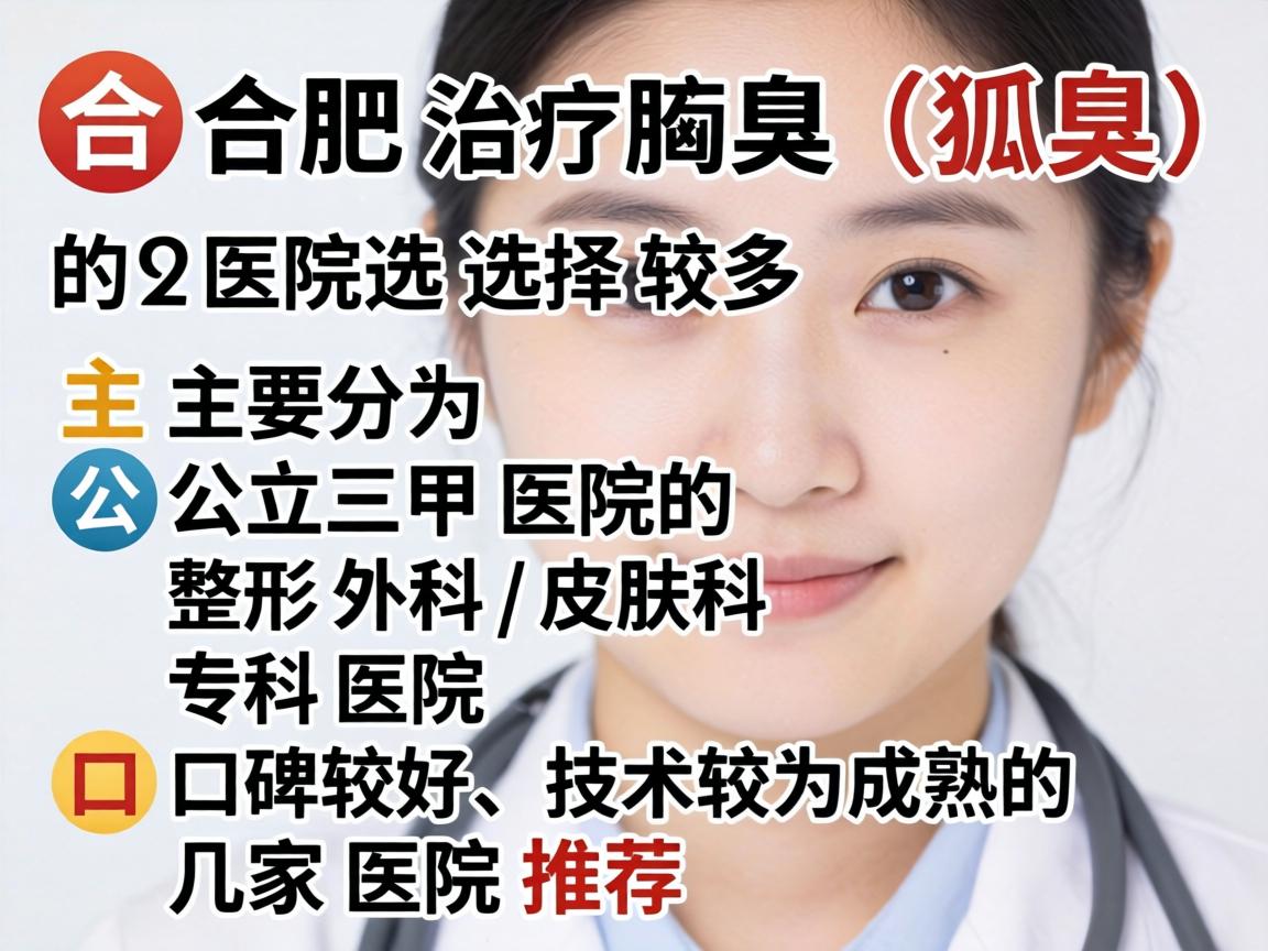在合肥,治疗腋臭(狐臭)的医院选择较多,主要分为公立三甲医院的整形外科/皮肤科和专科医院。以下是口碑较好、技术较为成熟的几家医院推荐 在合肥,治疗腋臭(狐臭)的医院选择较多,主要分为公立三甲医院的整形外科/皮肤科和专科医院。以下是口碑较好、技术较为成熟的几家医院推荐