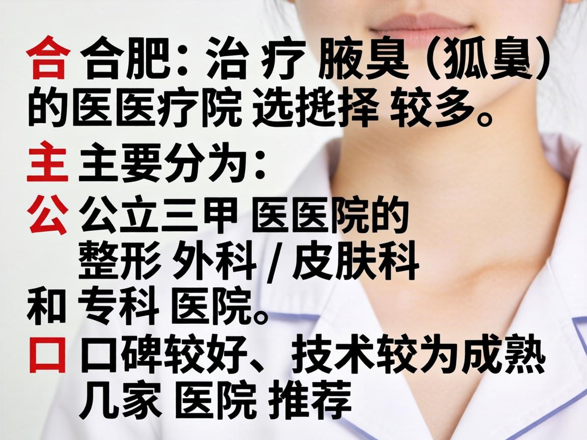 在合肥,治疗腋臭(狐臭)的医院选择较多,主要分为公立三甲医院的整形外科/皮肤科和专科医院。以下是口碑较好、技术较为成熟的几家医院推荐 在合肥,治疗腋臭(狐臭)的医院选择较多,主要分为公立三甲医院的整形外科/皮肤科和专科医院。以下是口碑较好、技术较为成熟的几家医院推荐