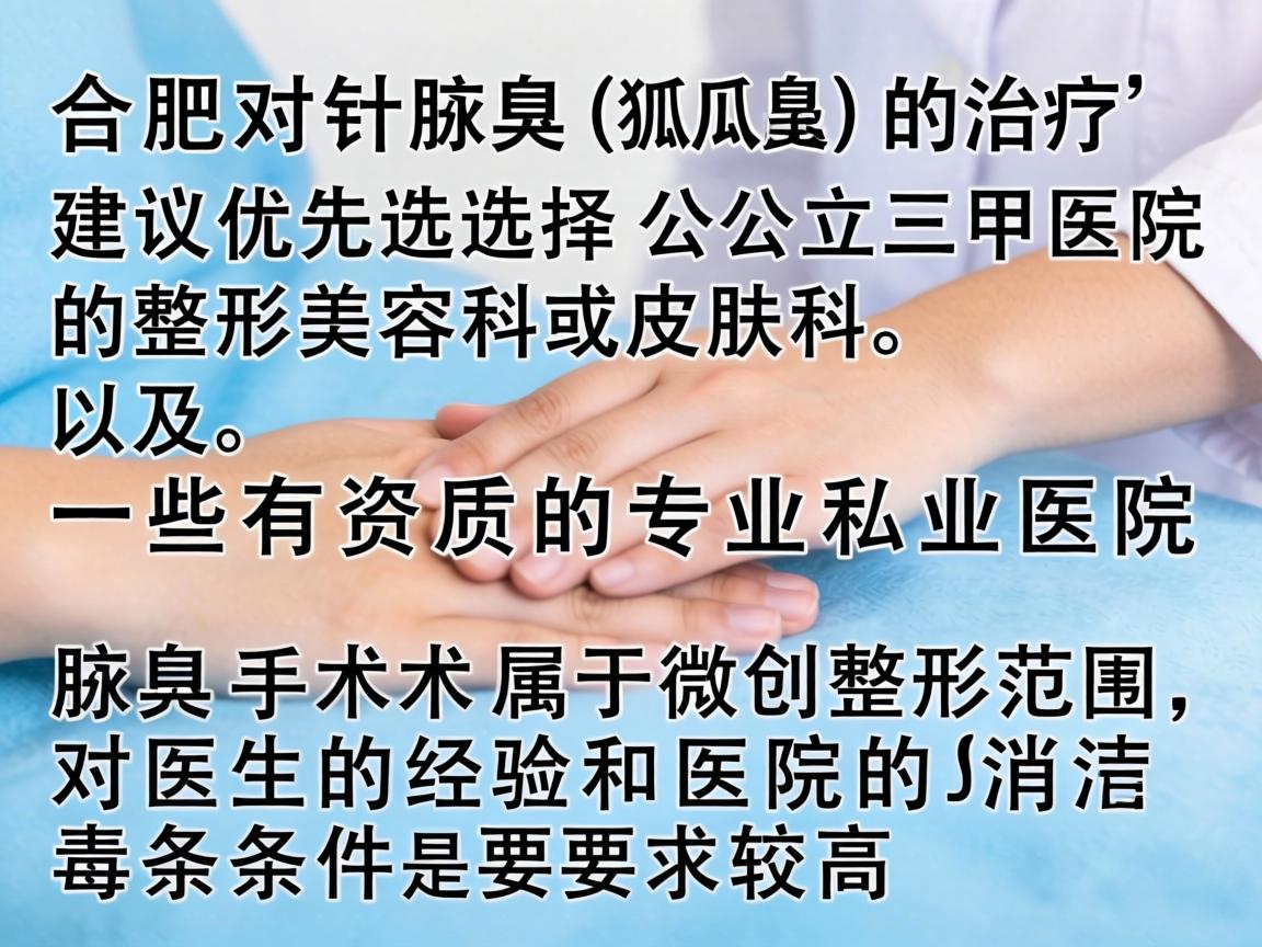 在合肥,针对腋臭(狐臭)的治疗,建议优先选择公立三甲医院的整形美容科或皮肤科,以及一些有资质的专业私立医院。腋臭手术属于微创整形范畴,对医生的经验和医院的消毒条件要求较高 在合肥,针对腋臭(狐臭)的治疗,建议优先选择公立三甲医院的整形美容科或皮肤科,以及一些有资质的专业私立医院。腋臭手术属于微创整形范畴,对医生的经验和医院的消毒条件要求较高