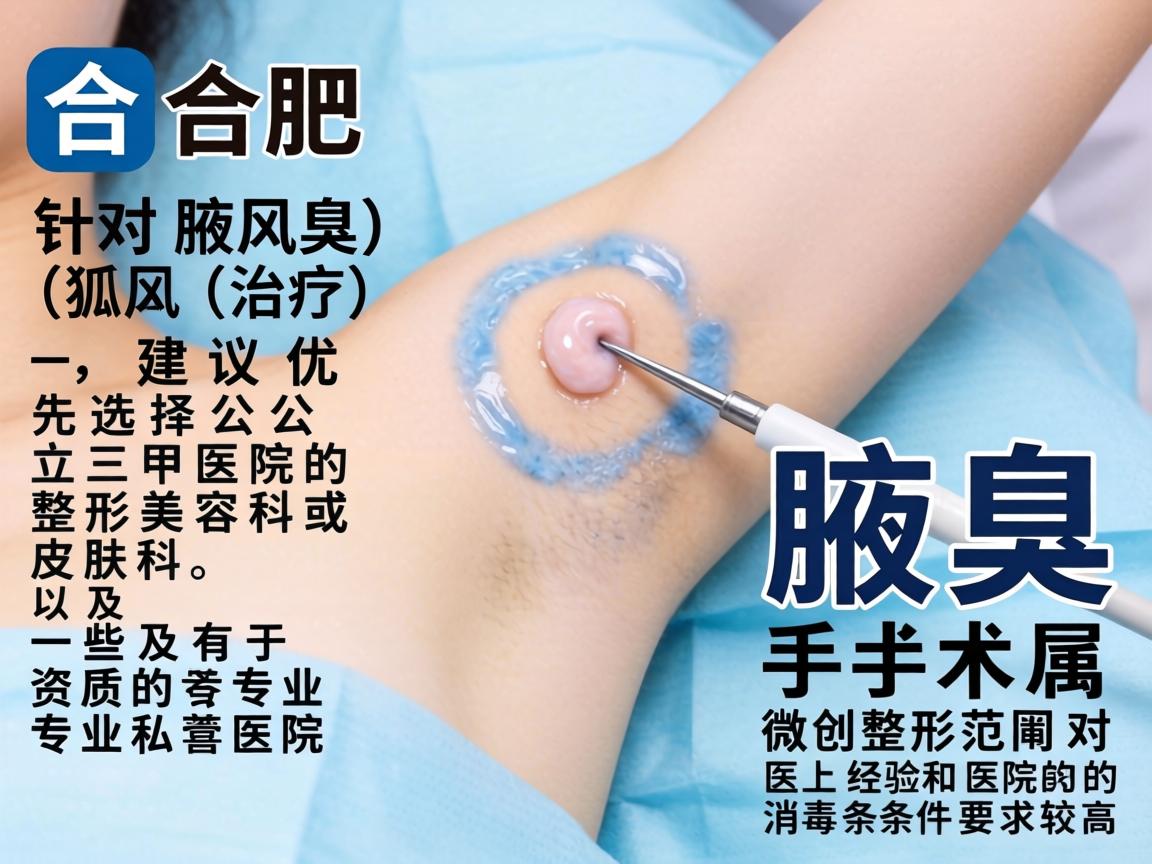 在合肥,针对腋臭(狐臭)的治疗,建议优先选择公立三甲医院的整形美容科或皮肤科,以及一些有资质的专业私立医院。腋臭手术属于微创整形范畴,对医生的经验和医院的消毒条件要求较高 在合肥,针对腋臭(狐臭)的治疗,建议优先选择公立三甲医院的整形美容科或皮肤科,以及一些有资质的专业私立医院。腋臭手术属于微创整形范畴,对医生的经验和医院的消毒条件要求较高