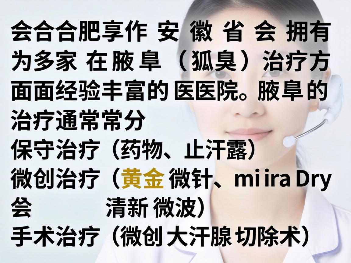 合肥作为安徽省会,拥有多家在腋臭(狐臭)治疗方面经验丰富的医院。腋臭的治疗通常分为保守治疗(药物、止汗露)微创治疗(黄金微针、miraDry清新微波)和手术治疗(微创大汗腺切除术) 合肥作为安徽省会,拥有多家在腋臭(狐臭)治疗方面经验丰富的医院。腋臭的治疗通常分为保守治疗(药物、止汗露)微创治疗(黄金微针、miraDry清新微波)和手术治疗(微创大汗腺切除术)