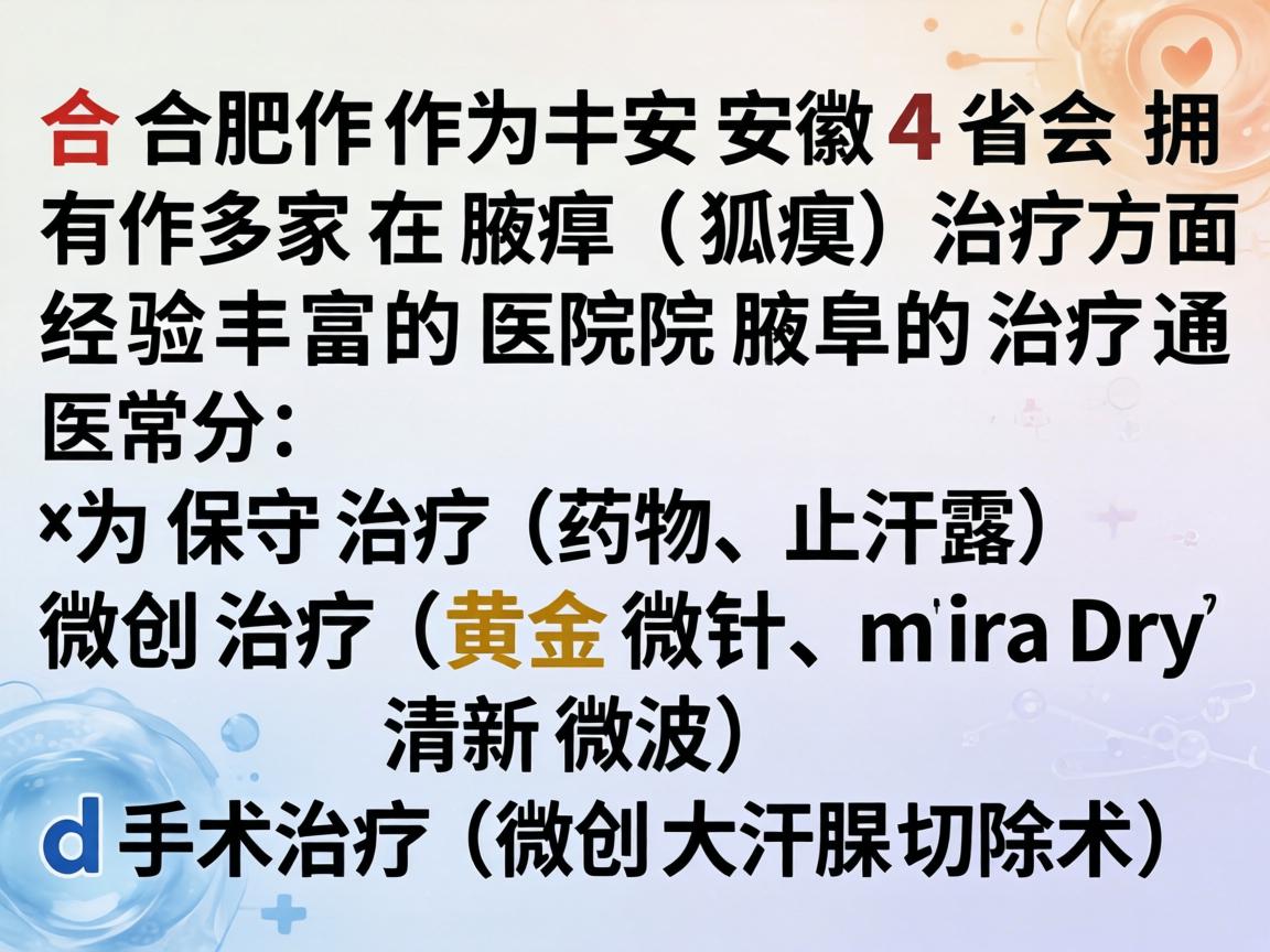 合肥作为安徽省会,拥有多家在腋臭(狐臭)治疗方面经验丰富的医院。腋臭的治疗通常分为保守治疗(药物、止汗露)微创治疗(黄金微针、miraDry清新微波)和手术治疗(微创大汗腺切除术) 合肥作为安徽省会,拥有多家在腋臭(狐臭)治疗方面经验丰富的医院。腋臭的治疗通常分为保守治疗(药物、止汗露)微创治疗(黄金微针、miraDry清新微波)和手术治疗(微创大汗腺切除术)