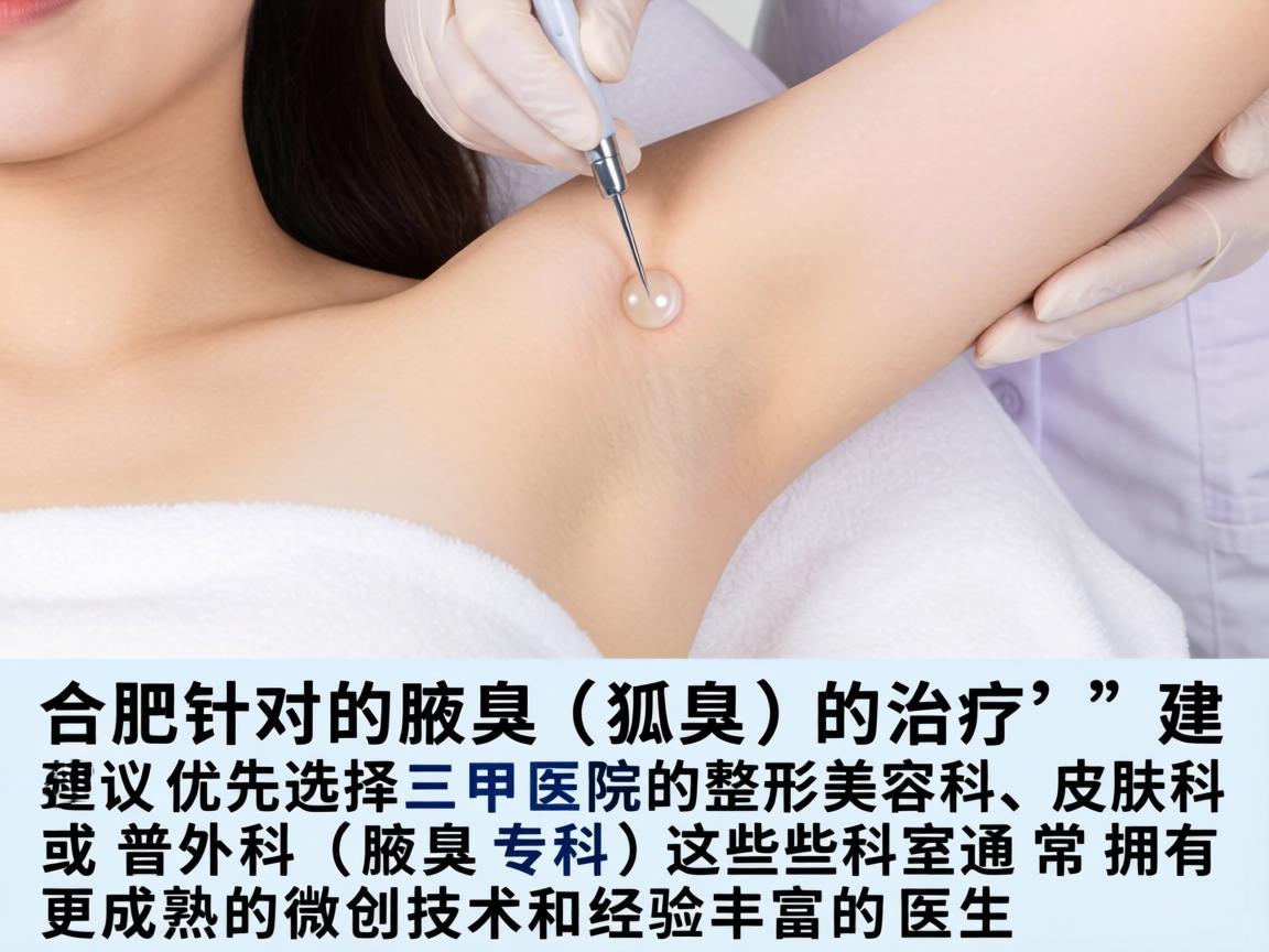 在合肥,针对腋臭(狐臭)的治疗,建议优先选择三甲医院的整形美容科、皮肤科或普外科(腋臭专科)这些科室通常拥有更成熟的微创技术和经验丰富的医生 在合肥,针对腋臭(狐臭)的治疗,建议优先选择三甲医院的整形美容科、皮肤科或普外科(腋臭专科)这些科室通常拥有更成熟的微创技术和经验丰富的医生