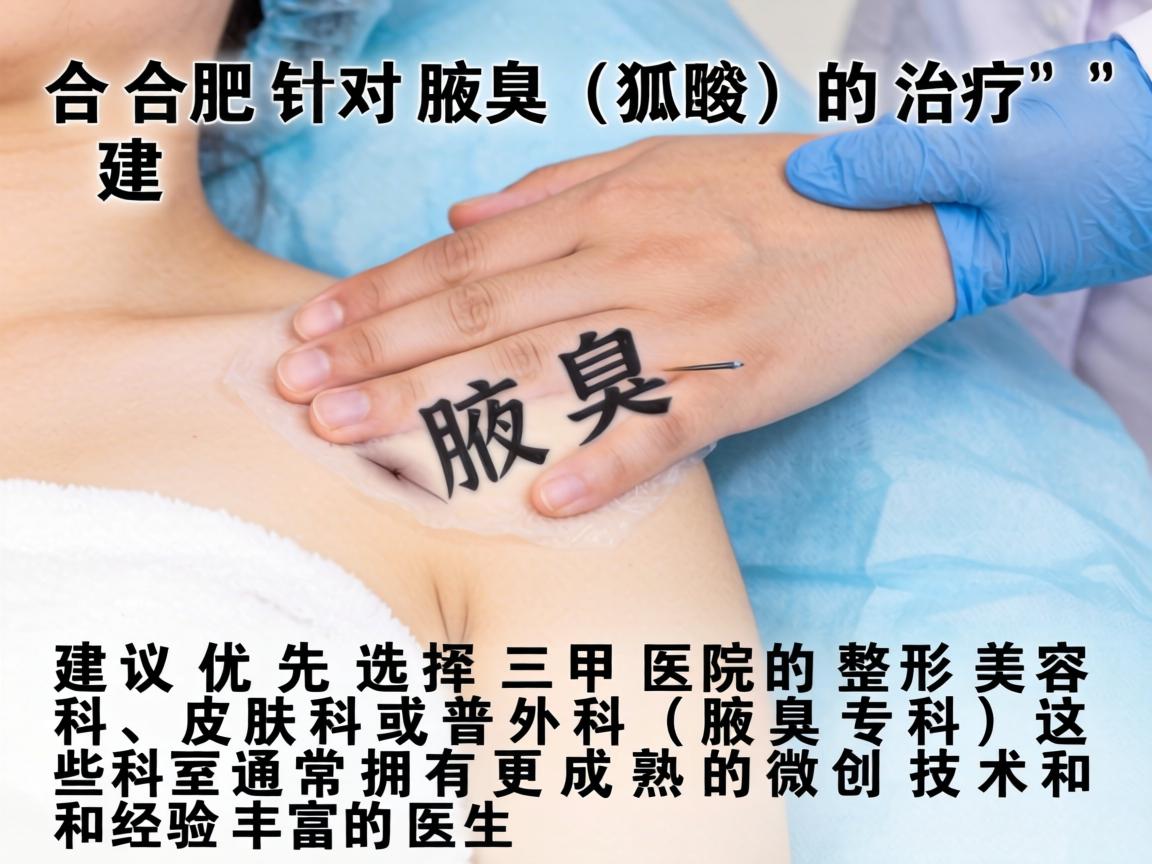 在合肥,针对腋臭(狐臭)的治疗,建议优先选择三甲医院的整形美容科、皮肤科或普外科(腋臭专科)这些科室通常拥有更成熟的微创技术和经验丰富的医生 在合肥,针对腋臭(狐臭)的治疗,建议优先选择三甲医院的整形美容科、皮肤科或普外科(腋臭专科)这些科室通常拥有更成熟的微创技术和经验丰富的医生