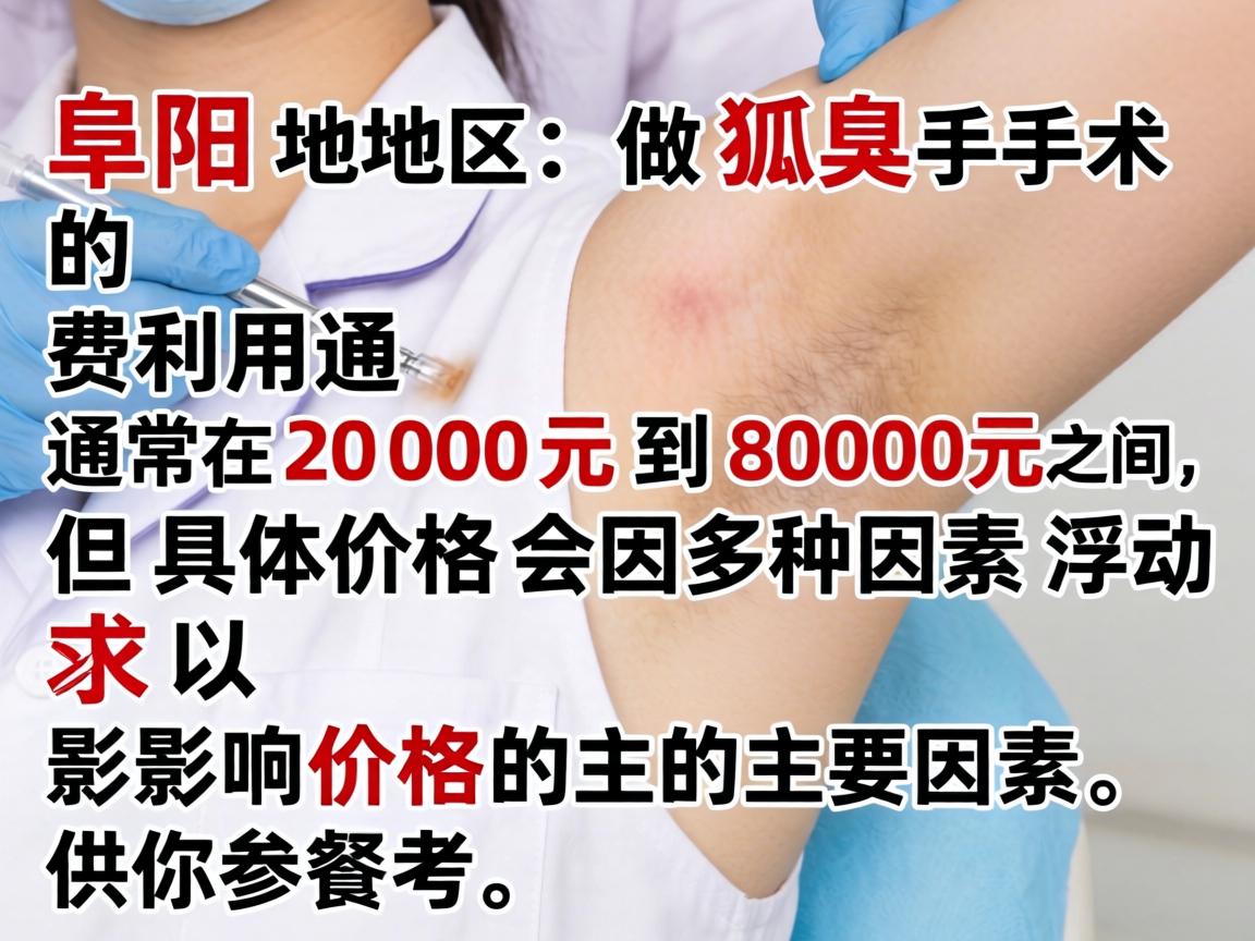 阜阳地区做狐臭手术的费用通常在2000元到8000元之间,但具体价格会因多种因素浮动。以下是影响价格的主要因素,供你参考 阜阳地区做狐臭手术的费用通常在2000元到8000元之间,但具体价格会因多种因素浮动。以下是影响价格的主要因素,供你参考