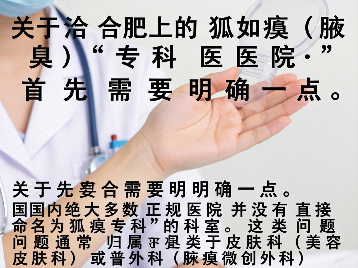 关于合肥的狐臭(腋臭)专科医院,首先需要明确一点,国内绝大多数正规医院并没有直接命名为狐臭专科的科室。这类问题通常归属于皮肤科(美容皮肤科)或普外科(腋臭微创外科) 关于合肥的狐臭(腋臭)专科医院,首先需要明确一点,国内绝大多数正规医院并没有直接命名为狐臭专科的科室。这类问题通常归属于皮肤科(美容皮肤科)或普外科(腋臭微创外科)