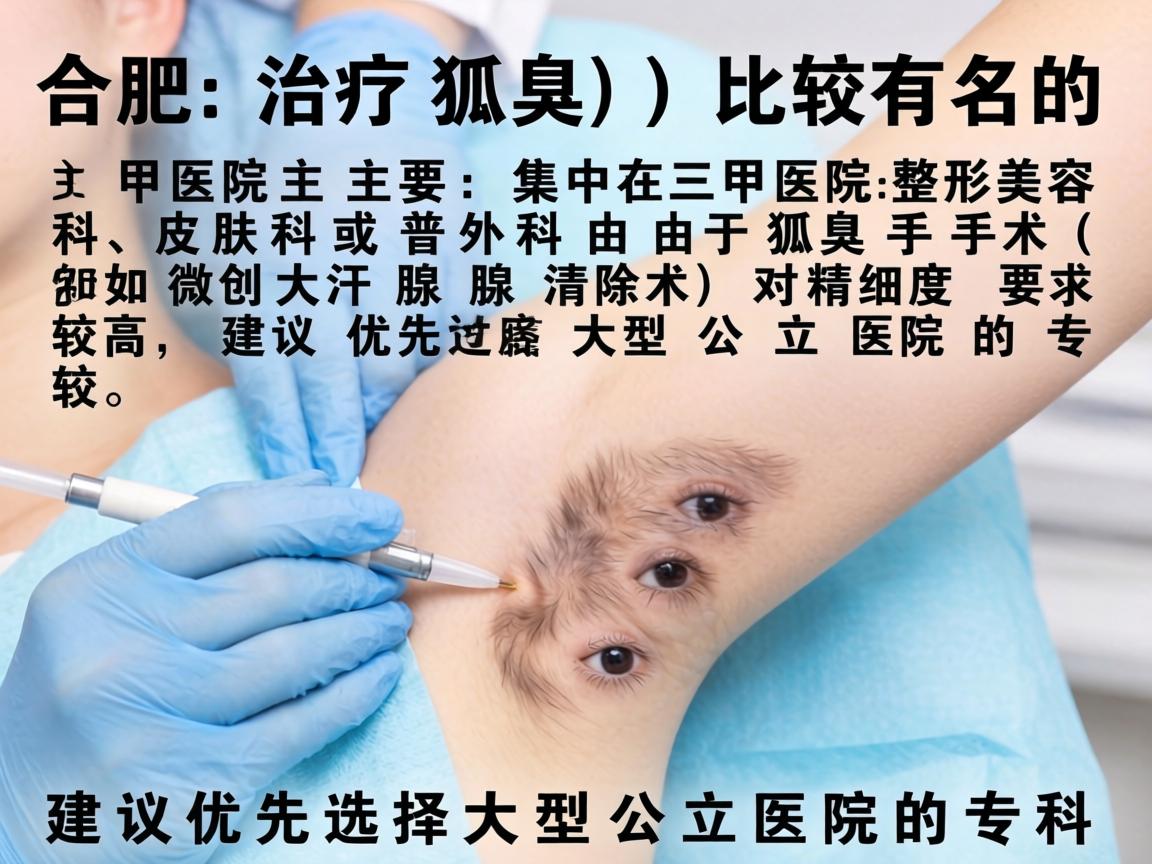 合肥治疗狐臭(腋臭)比较有名的医院主要集中在三甲医院的整形美容科、皮肤科或普外科。由于狐臭手术(如微创大汗腺清除术)对精细度要求较高,建议优先选择大型公立医院的专科 合肥治疗狐臭(腋臭)比较有名的医院主要集中在三甲医院的整形美容科、皮肤科或普外科。由于狐臭手术(如微创大汗腺清除术)对精细度要求较高,建议优先选择大型公立医院的专科
