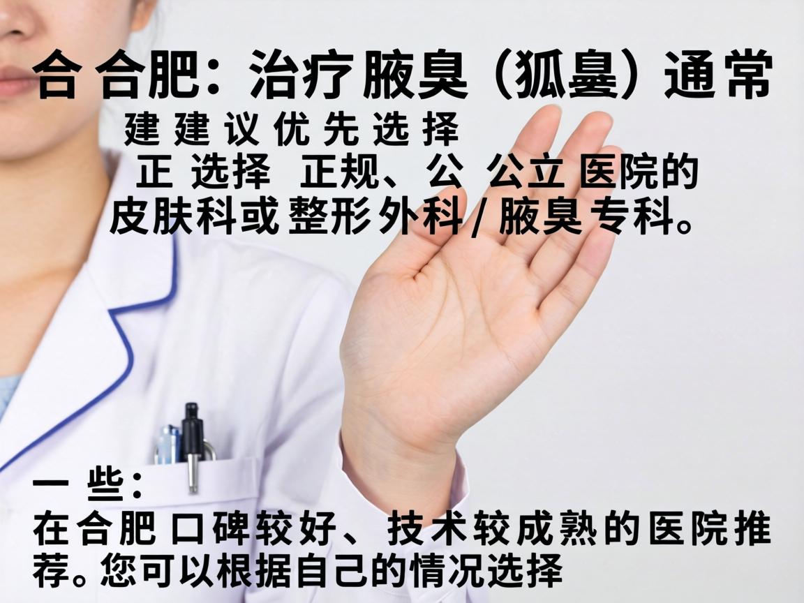 在合肥,治疗腋臭(狐臭)通常建议优先选择正规公立医院的皮肤科或整形外科/腋臭专科。以下是一些在合肥口碑较好、技术较成熟的医院推荐,您可以根据自己的情况选择 在合肥,治疗腋臭(狐臭)通常建议优先选择正规公立医院的皮肤科或整形外科/腋臭专科。以下是一些在合肥口碑较好、技术较成熟的医院推荐,您可以根据自己的情况选择