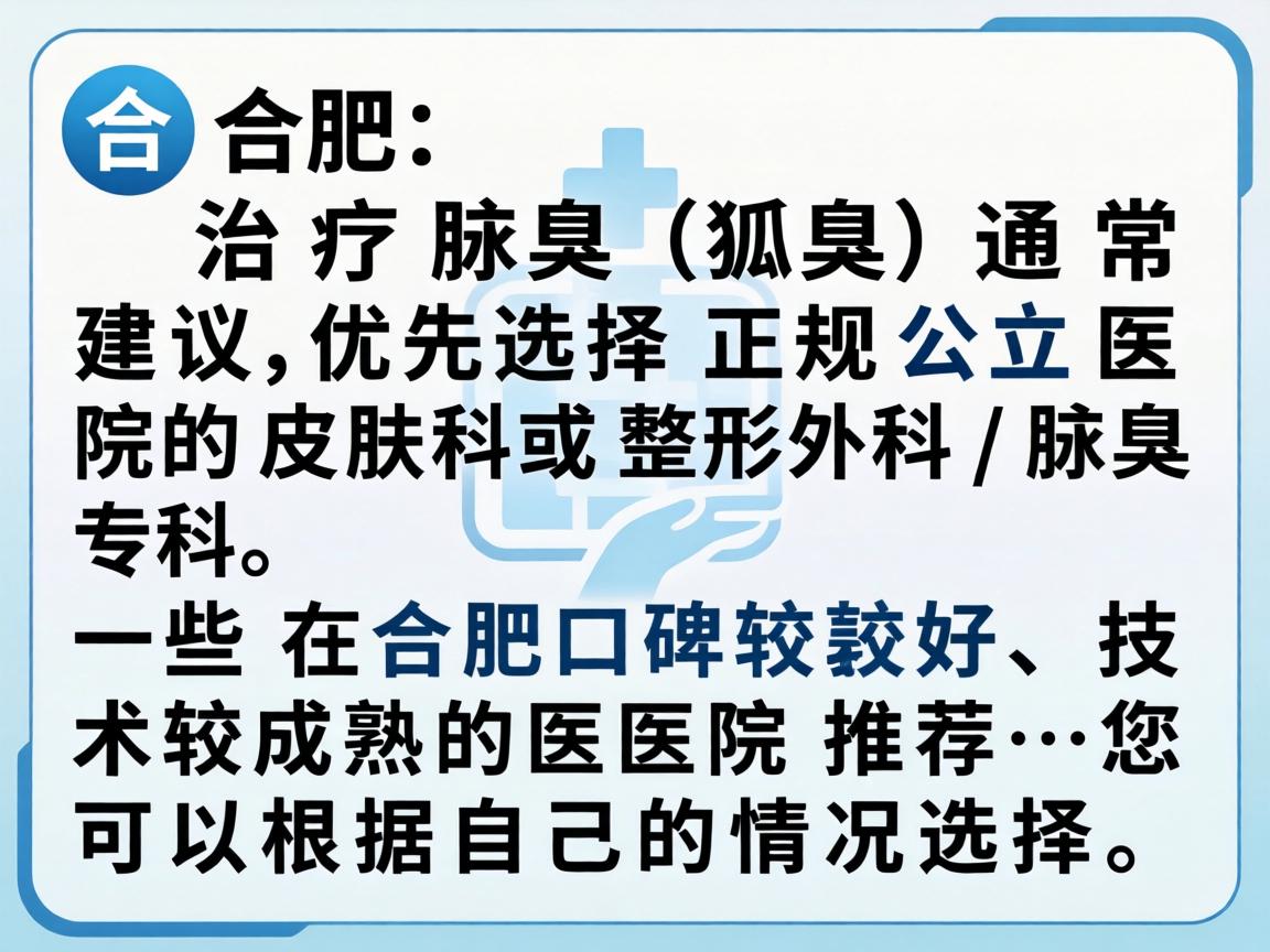 在合肥,治疗腋臭(狐臭)通常建议优先选择正规公立医院的皮肤科或整形外科/腋臭专科。以下是一些在合肥口碑较好、技术较成熟的医院推荐,您可以根据自己的情况选择 在合肥,治疗腋臭(狐臭)通常建议优先选择正规公立医院的皮肤科或整形外科/腋臭专科。以下是一些在合肥口碑较好、技术较成熟的医院推荐,您可以根据自己的情况选择