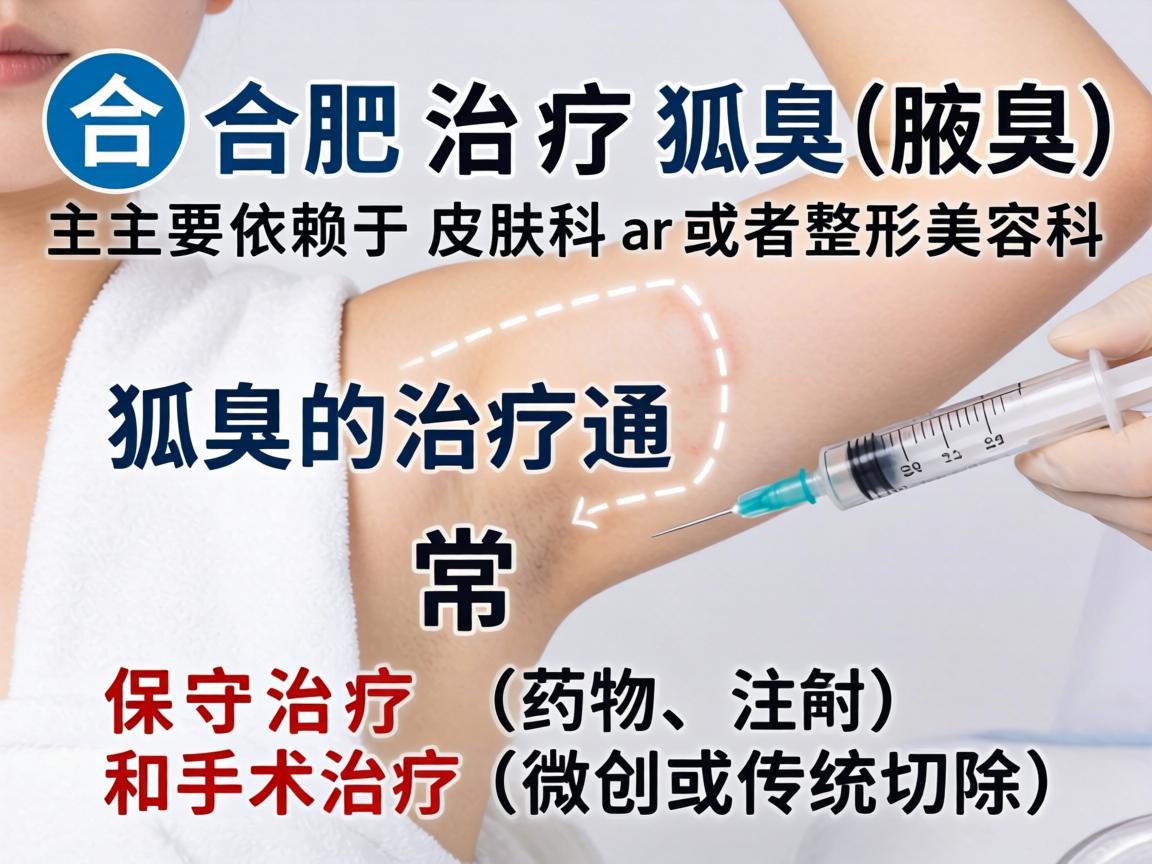 在合肥,治疗狐臭(腋臭)主要依赖于皮肤科或者整形美容科。狐臭的治疗通常分为保守治疗(药物、注射)和手术治疗(微创或传统切除) 在合肥,治疗狐臭(腋臭)主要依赖于皮肤科或者整形美容科。狐臭的治疗通常分为保守治疗(药物、注射)和手术治疗(微创或传统切除)