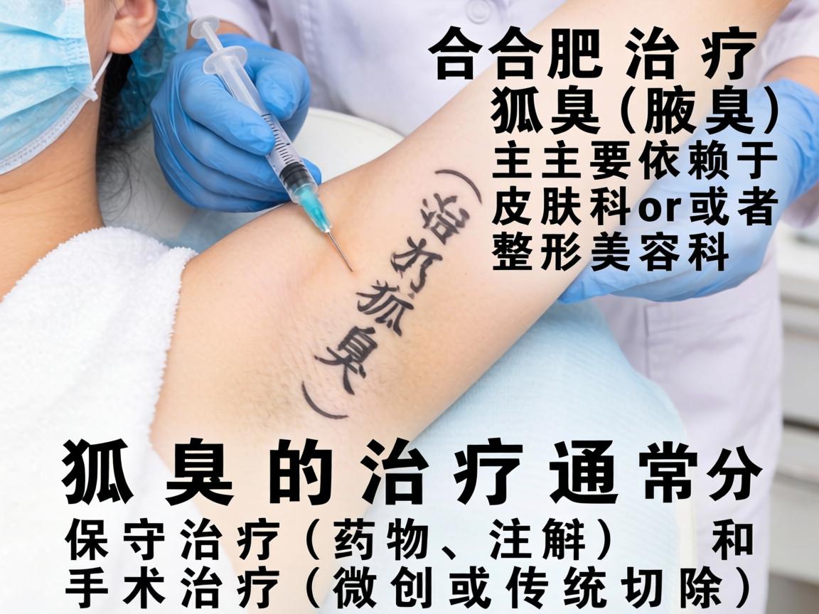 在合肥,治疗狐臭(腋臭)主要依赖于皮肤科或者整形美容科。狐臭的治疗通常分为保守治疗(药物、注射)和手术治疗(微创或传统切除) 在合肥,治疗狐臭(腋臭)主要依赖于皮肤科或者整形美容科。狐臭的治疗通常分为保守治疗(药物、注射)和手术治疗(微创或传统切除)