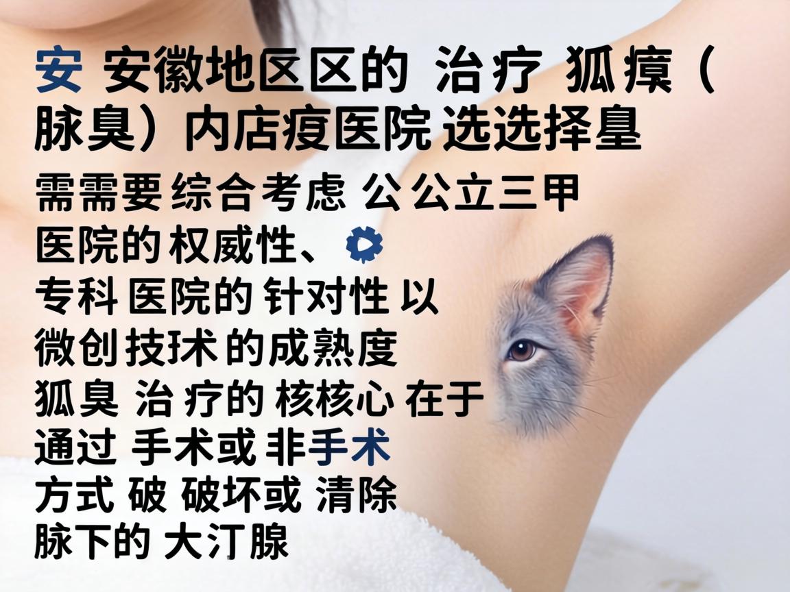 在安徽地区,治疗狐臭(腋臭)的医院选择需要综合考虑公立三甲医院的权威性、专科医院的针对性以及微创技术的成熟度。狐臭治疗的核心在于通过手术或非手术方式破坏或清除腋下的大汗腺 在安徽地区,治疗狐臭(腋臭)的医院选择需要综合考虑公立三甲医院的权威性、专科医院的针对性以及微创技术的成熟度。狐臭治疗的核心在于通过手术或非手术方式破坏或清除腋下的大汗腺