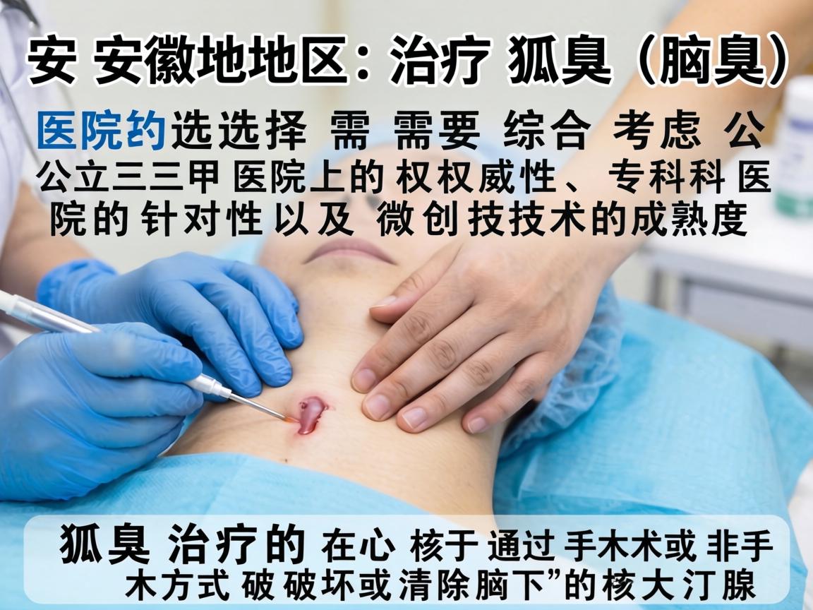 在安徽地区,治疗狐臭(腋臭)的医院选择需要综合考虑公立三甲医院的权威性、专科医院的针对性以及微创技术的成熟度。狐臭治疗的核心在于通过手术或非手术方式破坏或清除腋下的大汗腺 在安徽地区,治疗狐臭(腋臭)的医院选择需要综合考虑公立三甲医院的权威性、专科医院的针对性以及微创技术的成熟度。狐臭治疗的核心在于通过手术或非手术方式破坏或清除腋下的大汗腺