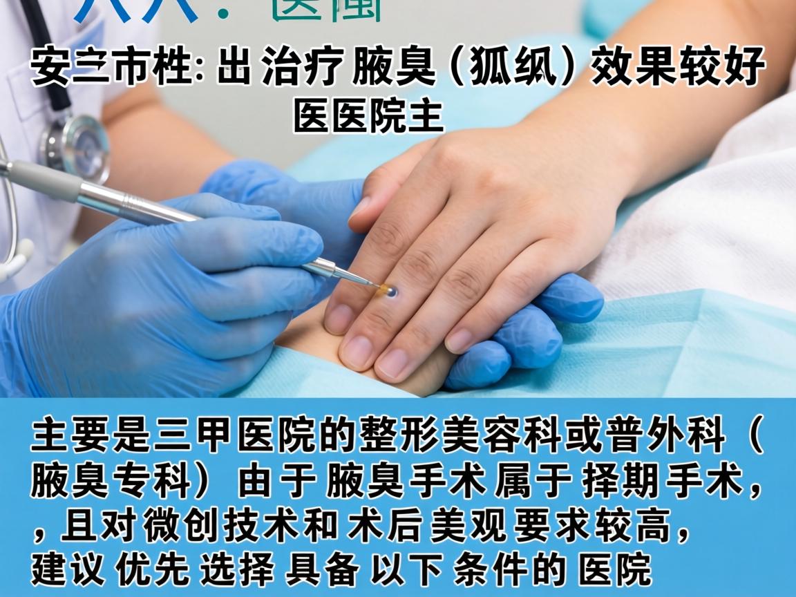 在六安市,治疗腋臭(狐臭)效果较好的医院主要是三甲医院的整形美容科或普外科(腋臭专科)由于腋臭手术属于择期手术,且对微创技术和术后美观要求较高,建议优先选择具备以下条件的医院 在六安市,治疗腋臭(狐臭)效果较好的医院主要是三甲医院的整形美容科或普外科(腋臭专科)由于腋臭手术属于择期手术,且对微创技术和术后美观要求较高,建议优先选择具备以下条件的医院