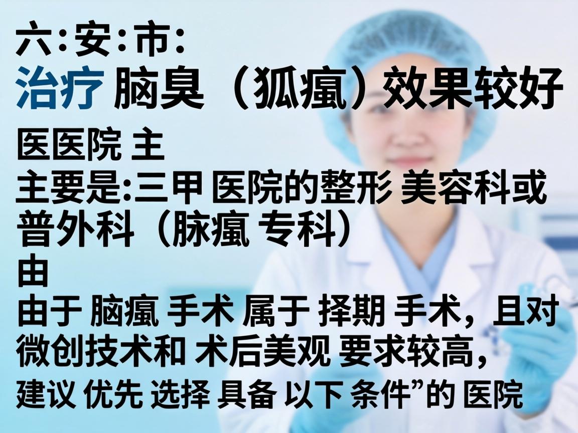 在六安市,治疗腋臭(狐臭)效果较好的医院主要是三甲医院的整形美容科或普外科(腋臭专科)由于腋臭手术属于择期手术,且对微创技术和术后美观要求较高,建议优先选择具备以下条件的医院 在六安市,治疗腋臭(狐臭)效果较好的医院主要是三甲医院的整形美容科或普外科(腋臭专科)由于腋臭手术属于择期手术,且对微创技术和术后美观要求较高,建议优先选择具备以下条件的医院