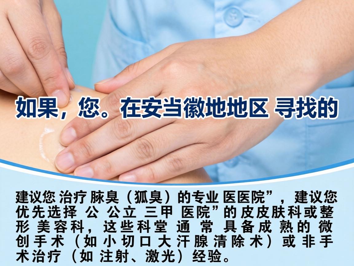 如果您在安徽地区寻找治疗腋臭(狐臭)的专业医院,建议您优先选择公立三甲医院的皮肤科或整形美容科,这些科室通常具备成熟的微创手术(如小切口大汗腺清除术)或非手术治疗(如注射、激光)经验 如果您在安徽地区寻找治疗腋臭(狐臭)的专业医院,建议您优先选择公立三甲医院的皮肤科或整形美容科,这些科室通常具备成熟的微创手术(如小切口大汗腺清除术)或非手术治疗(如注射、激光)经验