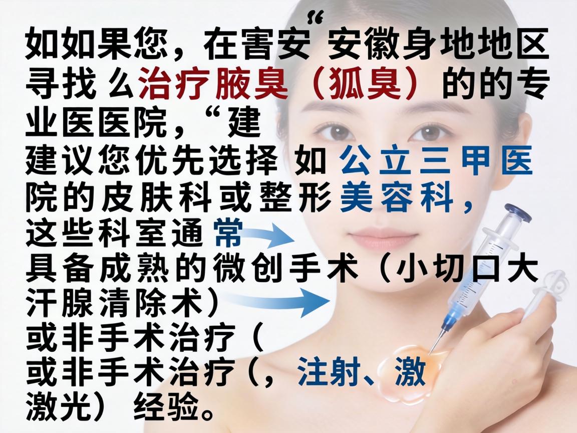 如果您在安徽地区寻找治疗腋臭(狐臭)的专业医院,建议您优先选择公立三甲医院的皮肤科或整形美容科,这些科室通常具备成熟的微创手术(如小切口大汗腺清除术)或非手术治疗(如注射、激光)经验 如果您在安徽地区寻找治疗腋臭(狐臭)的专业医院,建议您优先选择公立三甲医院的皮肤科或整形美容科,这些科室通常具备成熟的微创手术(如小切口大汗腺清除术)或非手术治疗(如注射、激光)经验