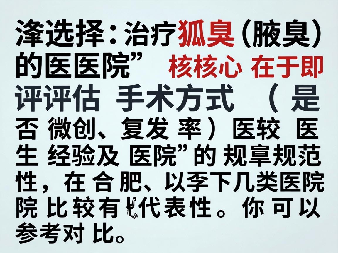 选择治疗狐臭(腋臭)的医院,核心在于评估手术方式(是否微创、复发率)医生经验以及医院的规范性。在合肥,以下几类医院比较有代表性,你可以参考对比 选择治疗狐臭(腋臭)的医院,核心在于评估手术方式(是否微创、复发率)医生经验以及医院的规范性。在合肥,以下几类医院比较有代表性,你可以参考对比