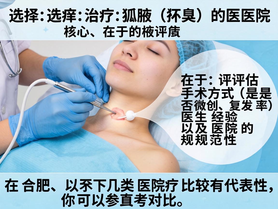 选择治疗狐臭(腋臭)的医院,核心在于评估手术方式(是否微创、复发率)医生经验以及医院的规范性。在合肥,以下几类医院比较有代表性,你可以参考对比 选择治疗狐臭(腋臭)的医院,核心在于评估手术方式(是否微创、复发率)医生经验以及医院的规范性。在合肥,以下几类医院比较有代表性,你可以参考对比