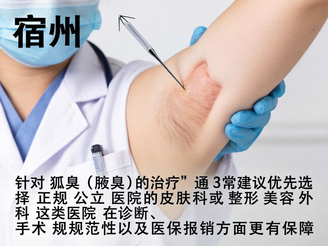 在宿州,针对狐臭(腋臭)的治疗,通常建议优先选择正规公立医院的皮肤科或整形美容外科。这类医院在诊断、手术规范性以及医保报销方面更有保障 在宿州,针对狐臭(腋臭)的治疗,通常建议优先选择正规公立医院的皮肤科或整形美容外科。这类医院在诊断、手术规范性以及医保报销方面更有保障